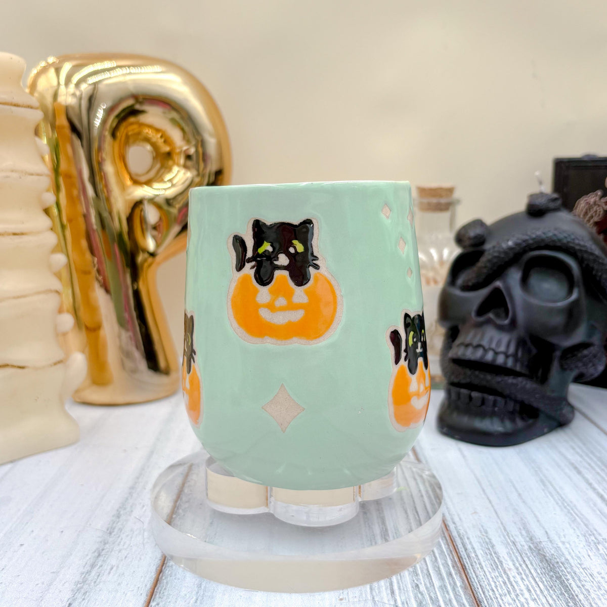 Aqua Ghost Pumkin Ceramic Mug, Autumn Gift For Her, Retro Fall Mug, Halloween Gift, Spooky Mug Handmade, Cute Autumn Mugs, Ghost Mug