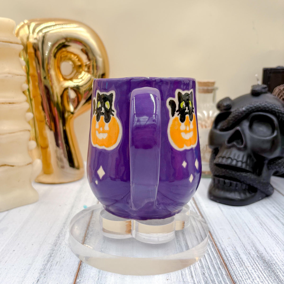 Dark Purple Kitty Pumkin Ceramic Mug, Autumn Gift, Retro Fall Mug, Halloween Gift, Spooky Mug Handmade, Cute Autumn Mugs, Cat Mug, Pumpkin