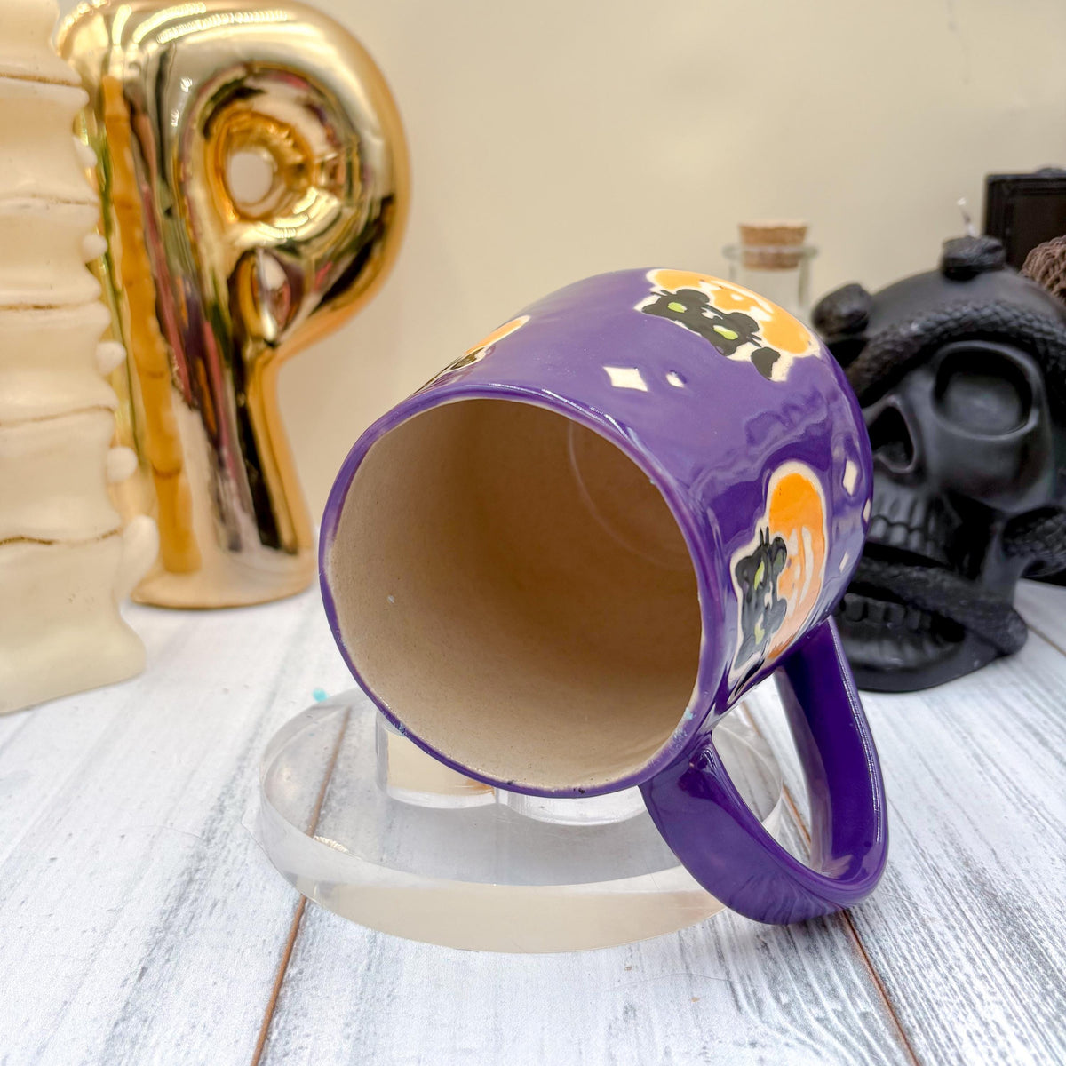 Dark Purple Kitty Pumkin Ceramic Mug, Autumn Gift, Retro Fall Mug, Halloween Gift, Spooky Mug Handmade, Cute Autumn Mugs, Cat Mug, Pumpkin