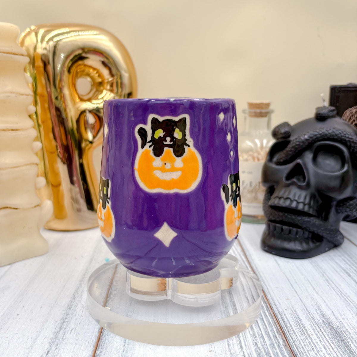 Dark Purple Kitty Pumkin Ceramic Mug, Autumn Gift, Retro Fall Mug, Halloween Gift, Spooky Mug Handmade, Cute Autumn Mugs, Cat Mug, Pumpkin