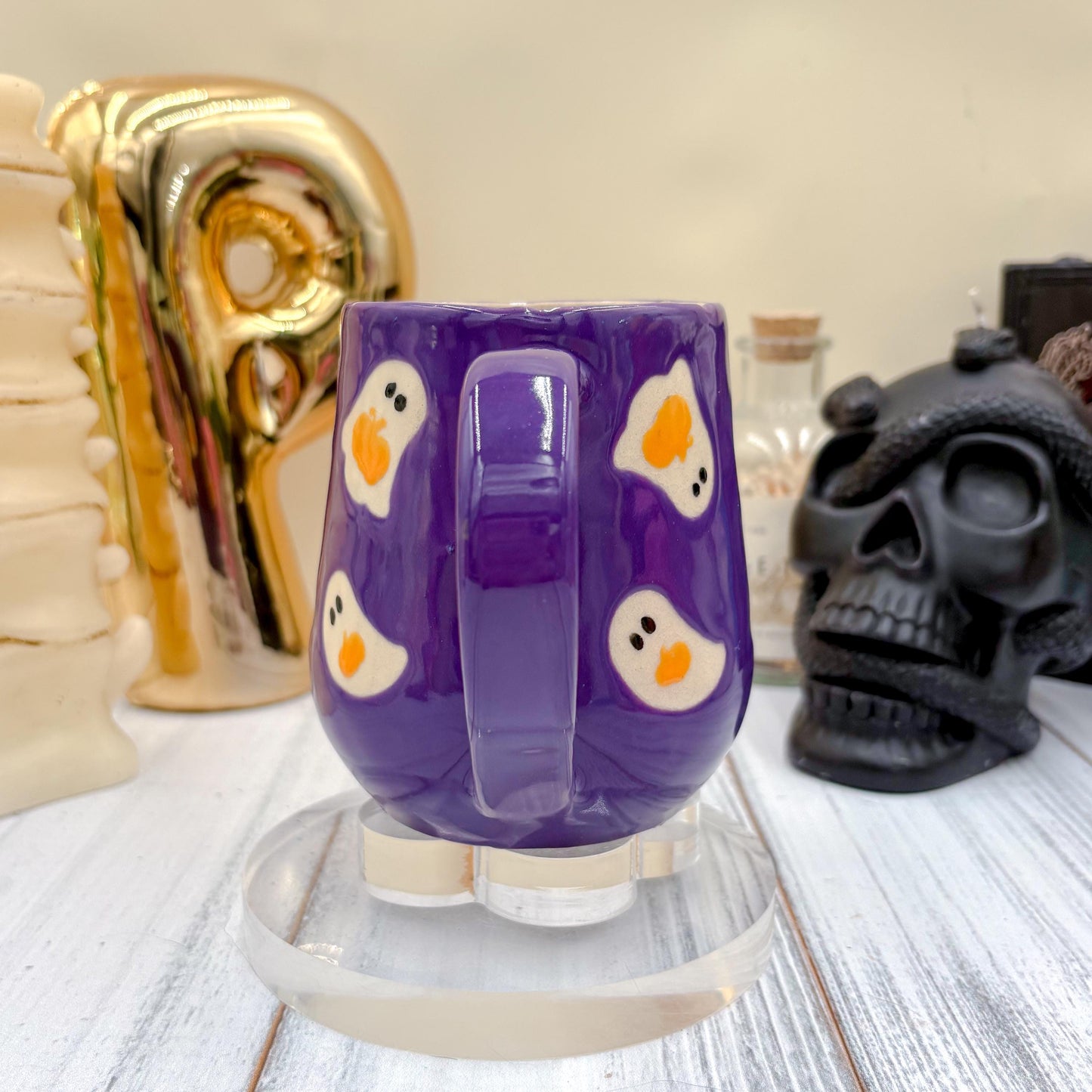 Dark Purple Ghost Pumkin Ceramic Mug, Autumn Gift For Her, Retro Fall Mug, Halloween Gift, Spooky Mug Handmade, Cute Autumn Mugs, Ghost Mug