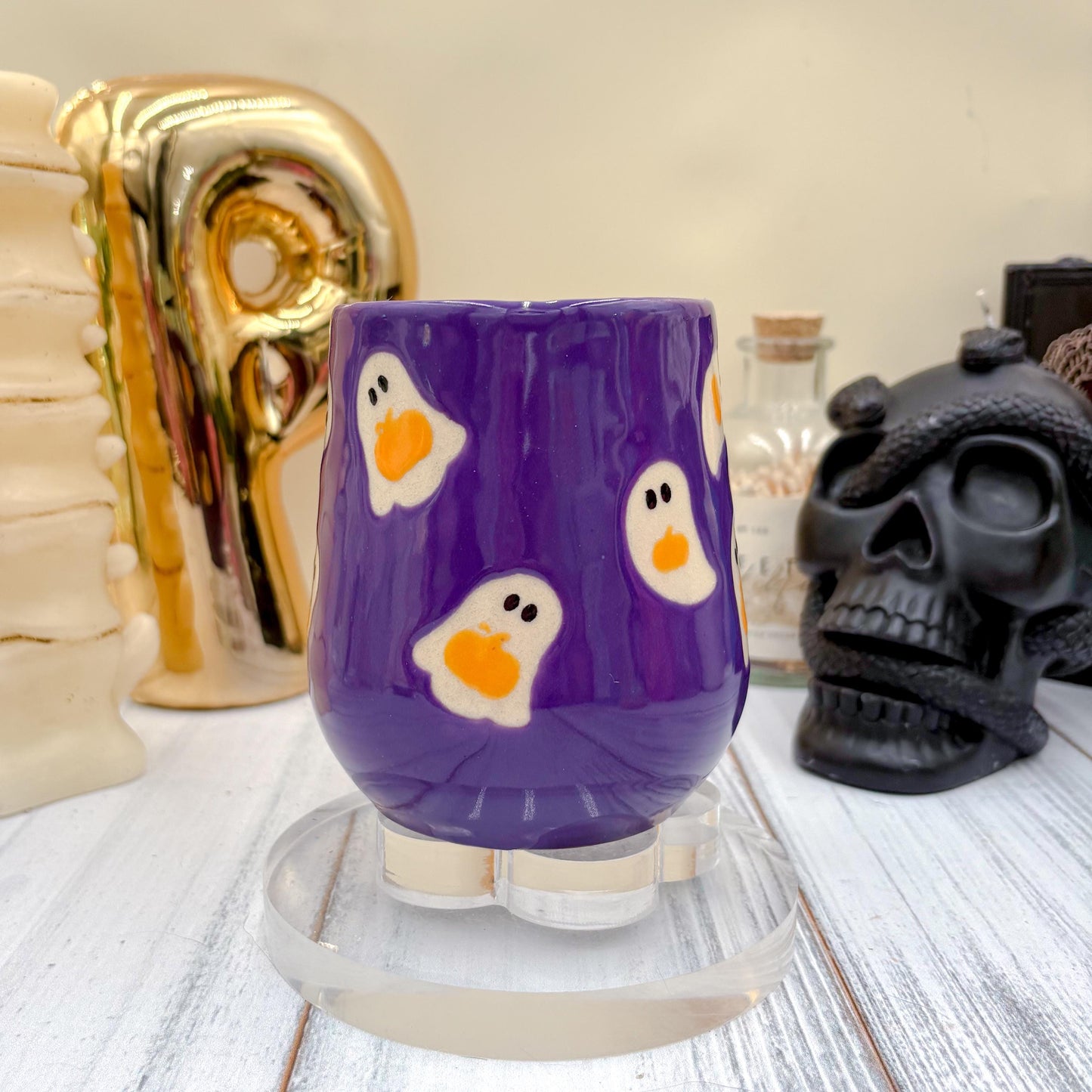 Dark Purple Ghost Pumkin Ceramic Mug, Autumn Gift For Her, Retro Fall Mug, Halloween Gift, Spooky Mug Handmade, Cute Autumn Mugs, Ghost Mug