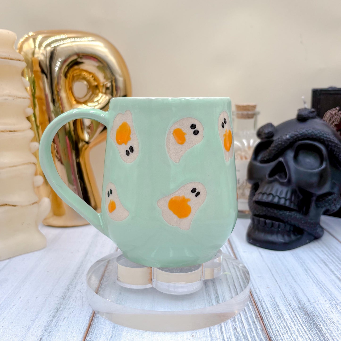 Aqua Ghost Pumkin Ceramic Mug, Autumn Gift For Her, Retro Fall Mug, Halloween Gift, Spooky Mug Handmade, Cute Autumn Mugs, Ghost Mug