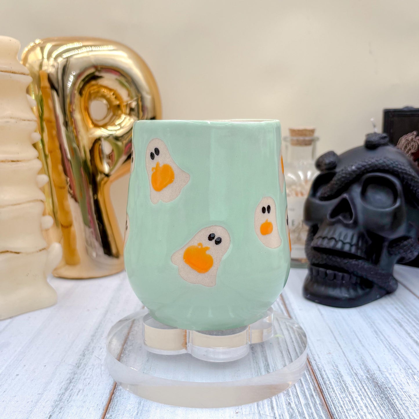 Aqua Ghost Pumkin Ceramic Mug, Autumn Gift For Her, Retro Fall Mug, Halloween Gift, Spooky Mug Handmade, Cute Autumn Mugs, Ghost Mug