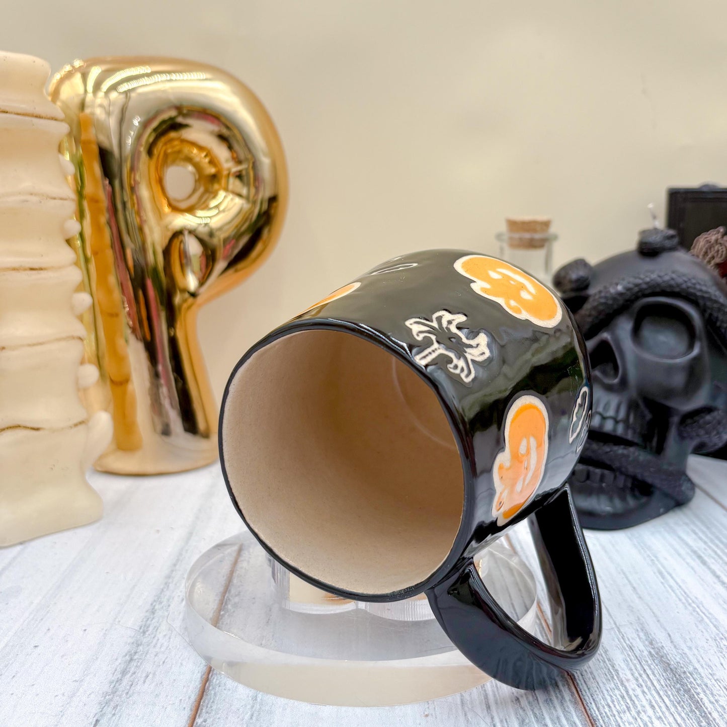 Black Pumkin Ceramic Mug, Autumn Gift For Her, Retro Fall Mug, Halloween Gift, Spooky Mug Handmade, Cute Autumn Mugs, Pumpkin Ceramic Mug