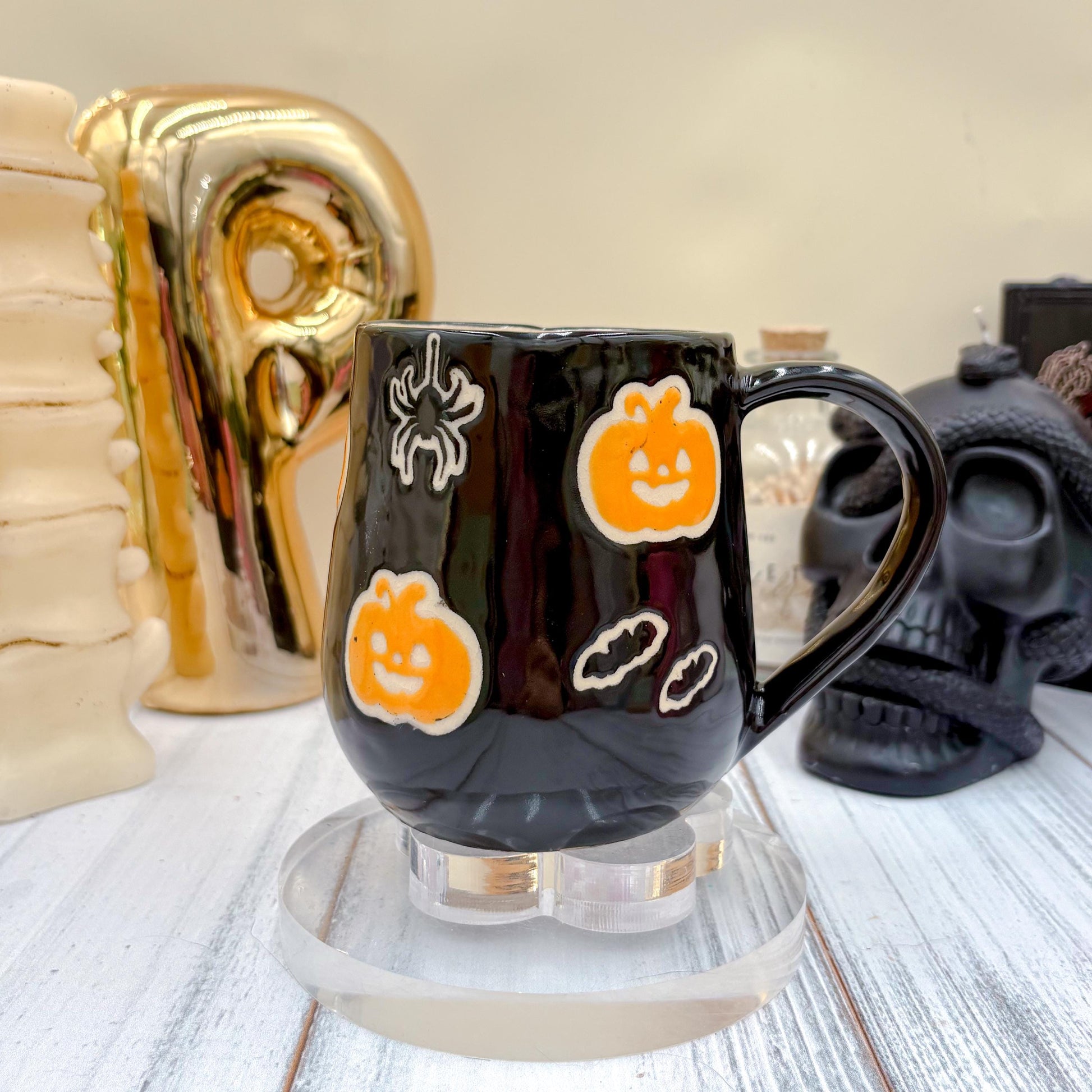 Black Pumkin Ceramic Mug, Autumn Gift For Her, Retro Fall Mug, Halloween Gift, Spooky Mug Handmade, Cute Autumn Mugs, Pumpkin Ceramic Mug