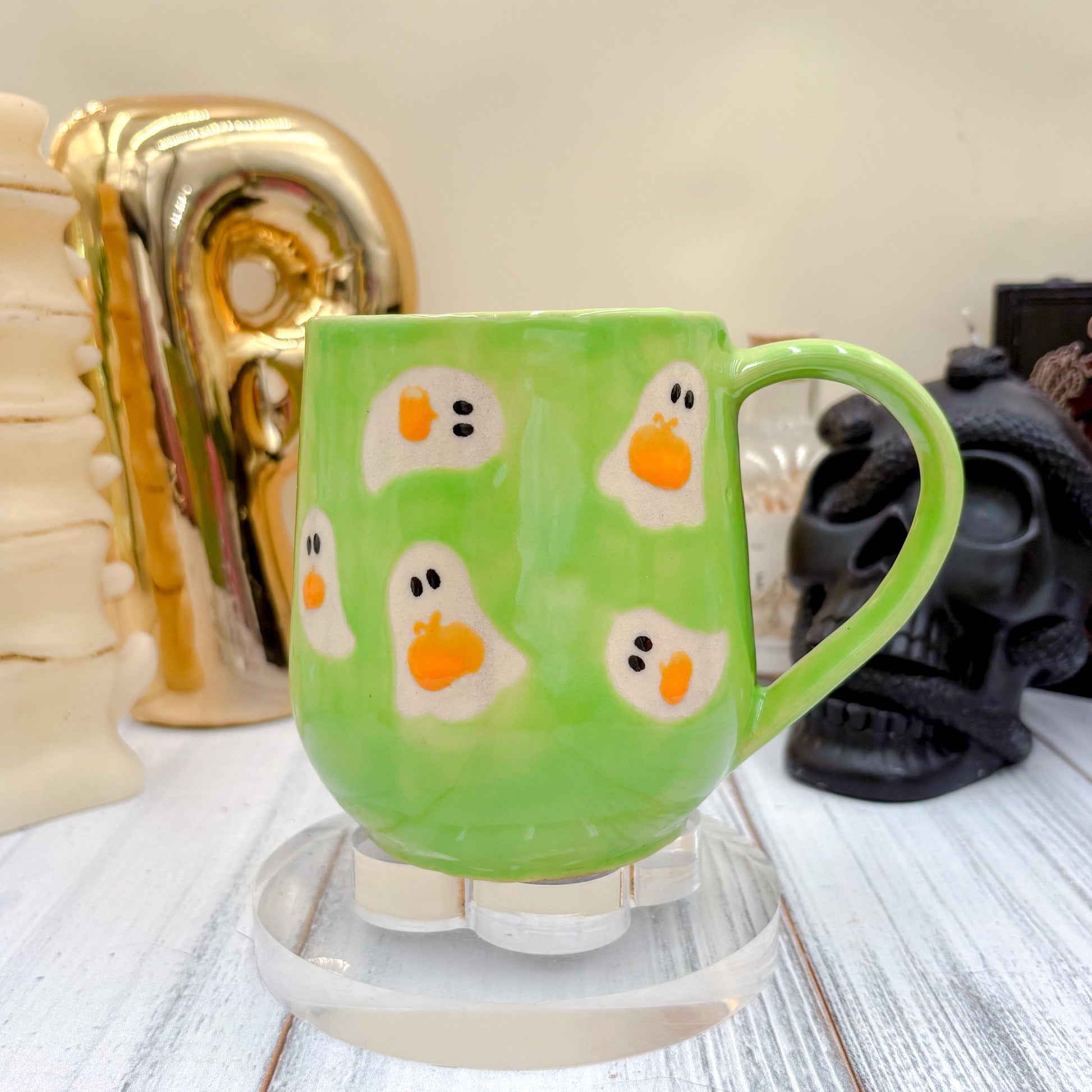 Green Ghost Pumkin Ceramic Mug, Autumn Gift For Her, Retro Fall Mug, Halloween Gift, Spooky Mug Handmade, Cute Autumn Mugs, Ghost Mug