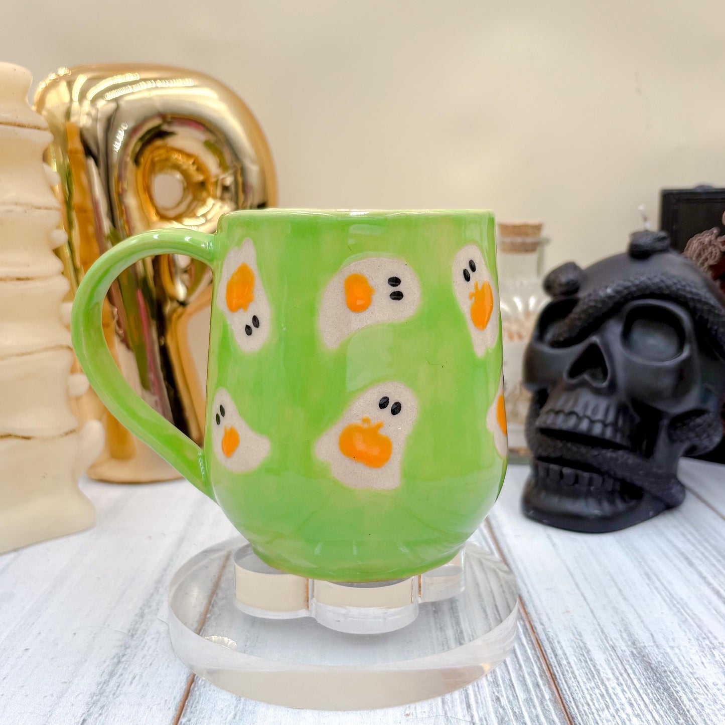 Green Ghost Pumkin Ceramic Mug, Autumn Gift For Her, Retro Fall Mug, Halloween Gift, Spooky Mug Handmade, Cute Autumn Mugs, Ghost Mug