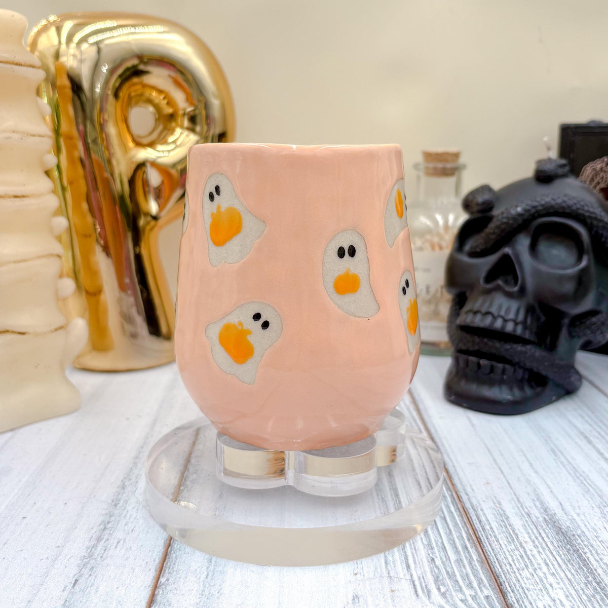 Peach Ghost Pumkin Ceramic Mug, Autumn Gift For Her, Retro Fall Mug, Halloween Gift, Spooky Mug Handmade, Cute Autumn Mugs, Ghost Mug