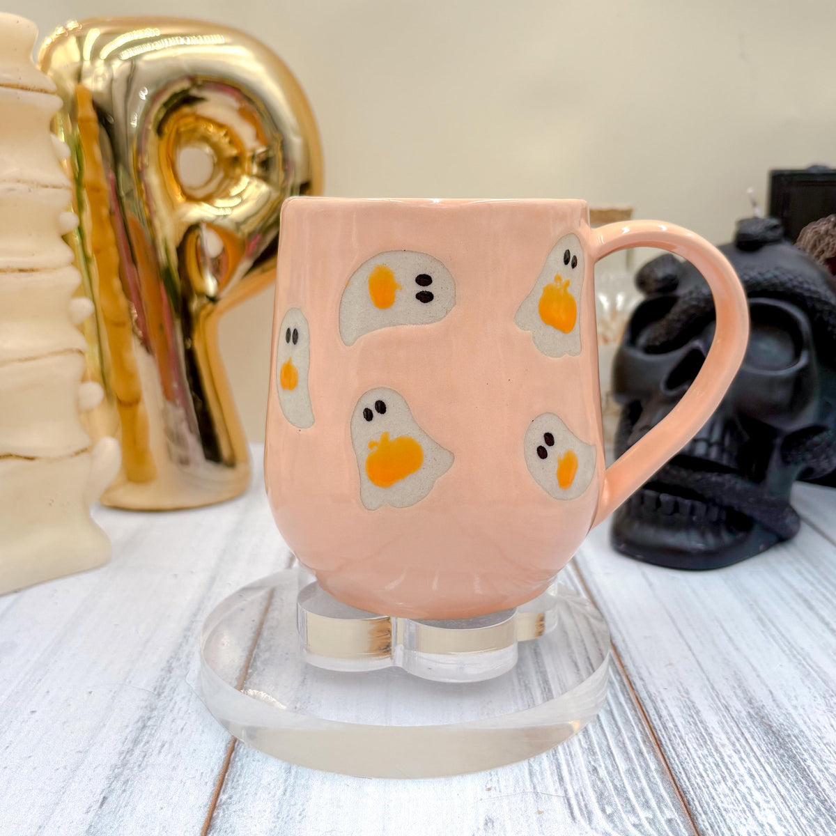 Peach Ghost Pumkin Ceramic Mug, Autumn Gift For Her, Retro Fall Mug, Halloween Gift, Spooky Mug Handmade, Cute Autumn Mugs, Ghost Mug
