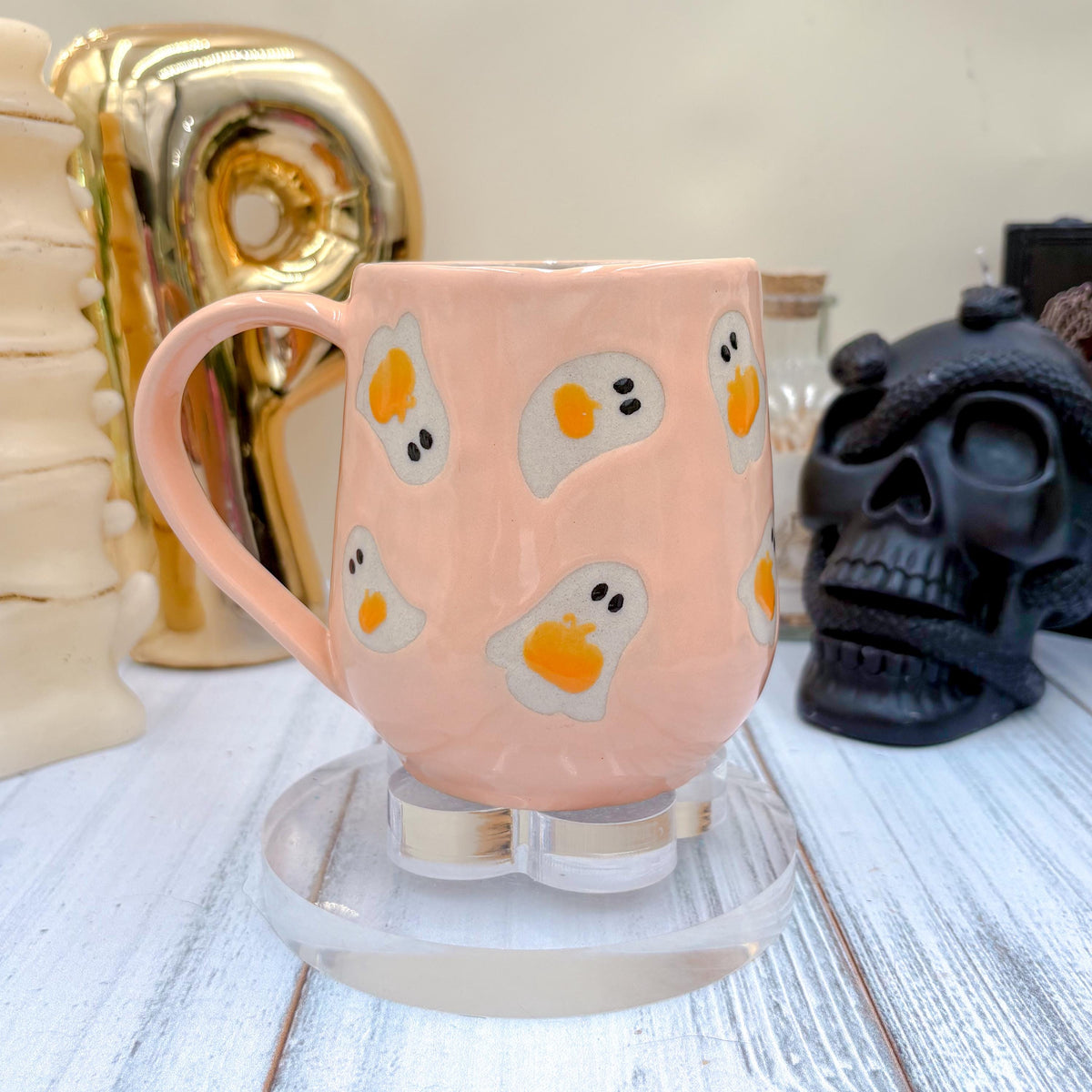 Peach Ghost Pumkin Ceramic Mug, Autumn Gift For Her, Retro Fall Mug, Halloween Gift, Spooky Mug Handmade, Cute Autumn Mugs, Ghost Mug