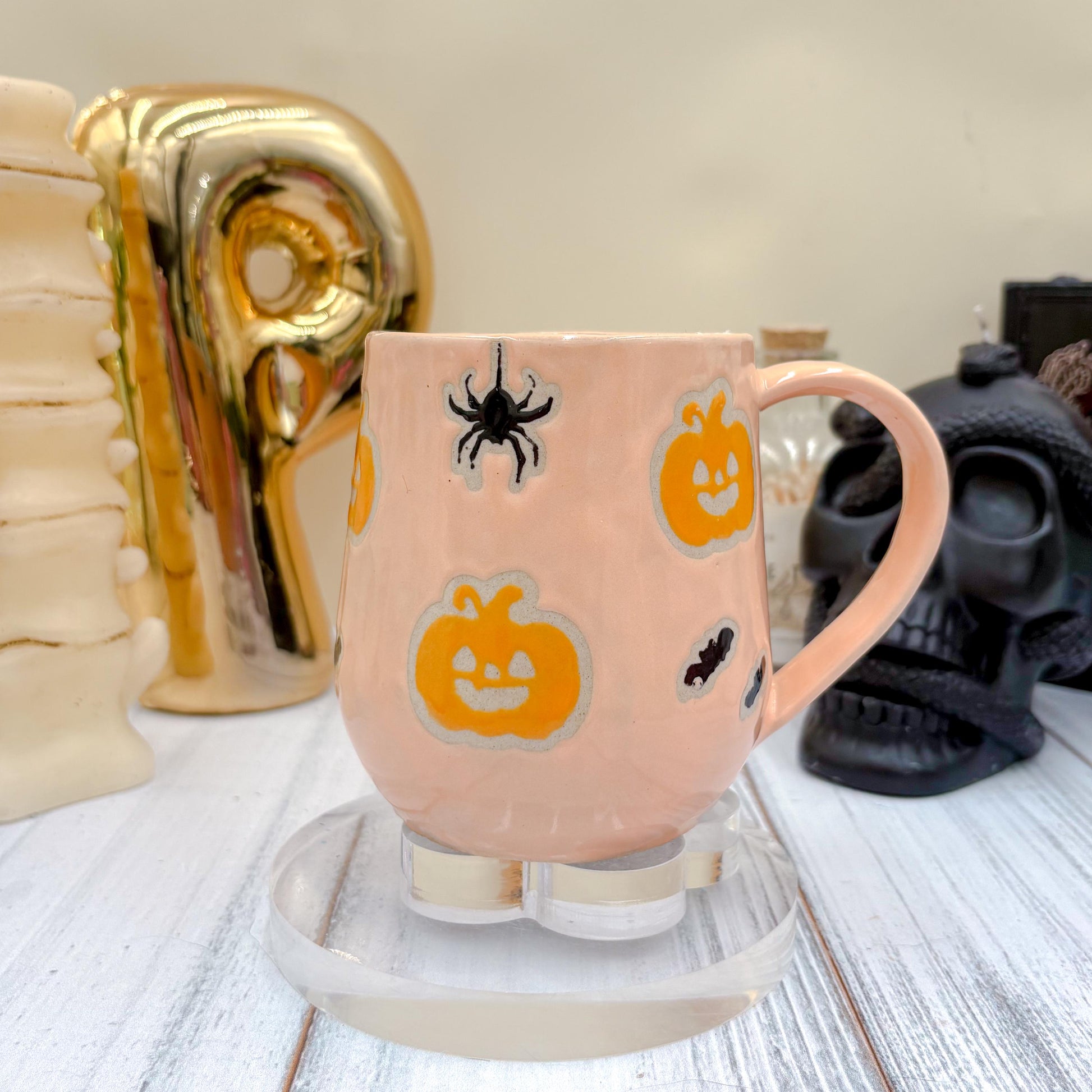 Peach Pumkin Ceramic Mug, Autumn Gift For Her, Retro Fall Mug, Halloween Gift, Spooky Mug Handmade, Cute Autumn Mugs, Pumpkin Ceramic Mug