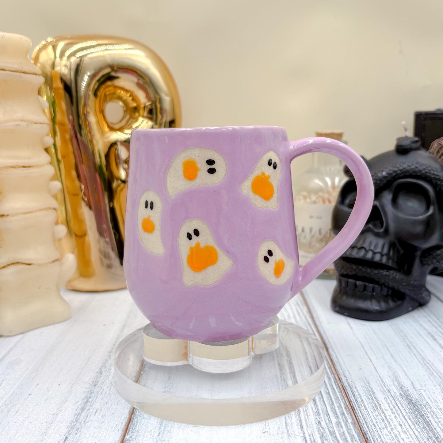 Purple Ghost Pumkin Ceramic Mug, Autumn Gift For Her, Retro Fall Mug, Halloween Gift, Spooky Mug Handmade, Cute Autumn Mugs, Ghost Mug