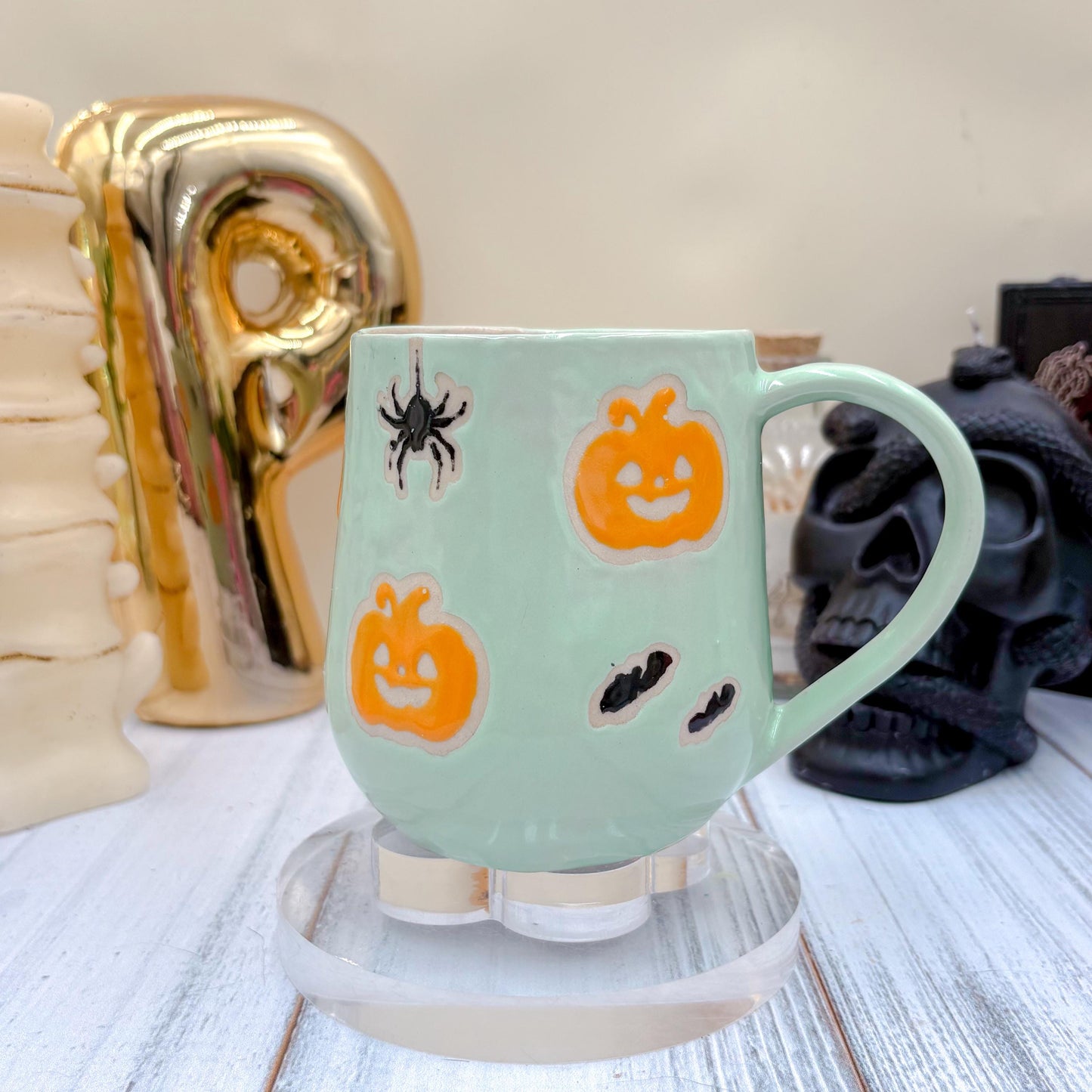Aqua Pumkin Ceramic Mug, Autumn Gift For Her, Retro Fall Mug, Halloween Gift, Spooky Mug Handmade, Cute Autumn Mugs, Pumpkin Ceramic Mug