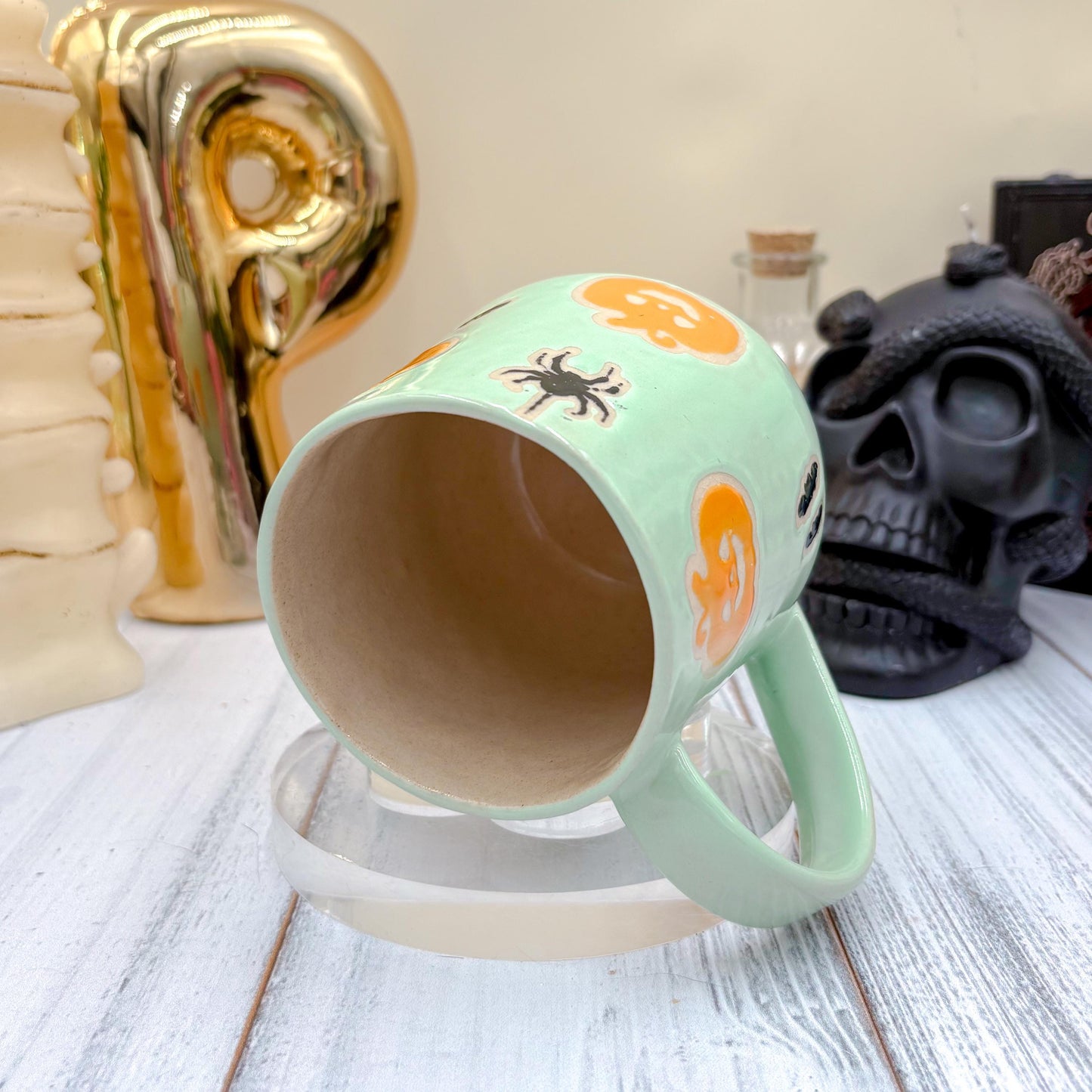 Aqua Pumkin Ceramic Mug, Autumn Gift For Her, Retro Fall Mug, Halloween Gift, Spooky Mug Handmade, Cute Autumn Mugs, Pumpkin Ceramic Mug