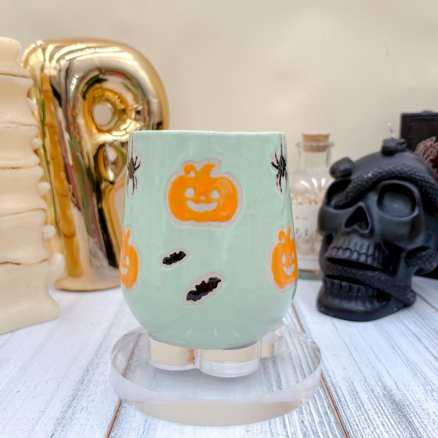 Aqua Pumkin Ceramic Mug, Autumn Gift For Her, Retro Fall Mug, Halloween Gift, Spooky Mug Handmade, Cute Autumn Mugs, Pumpkin Ceramic Mug