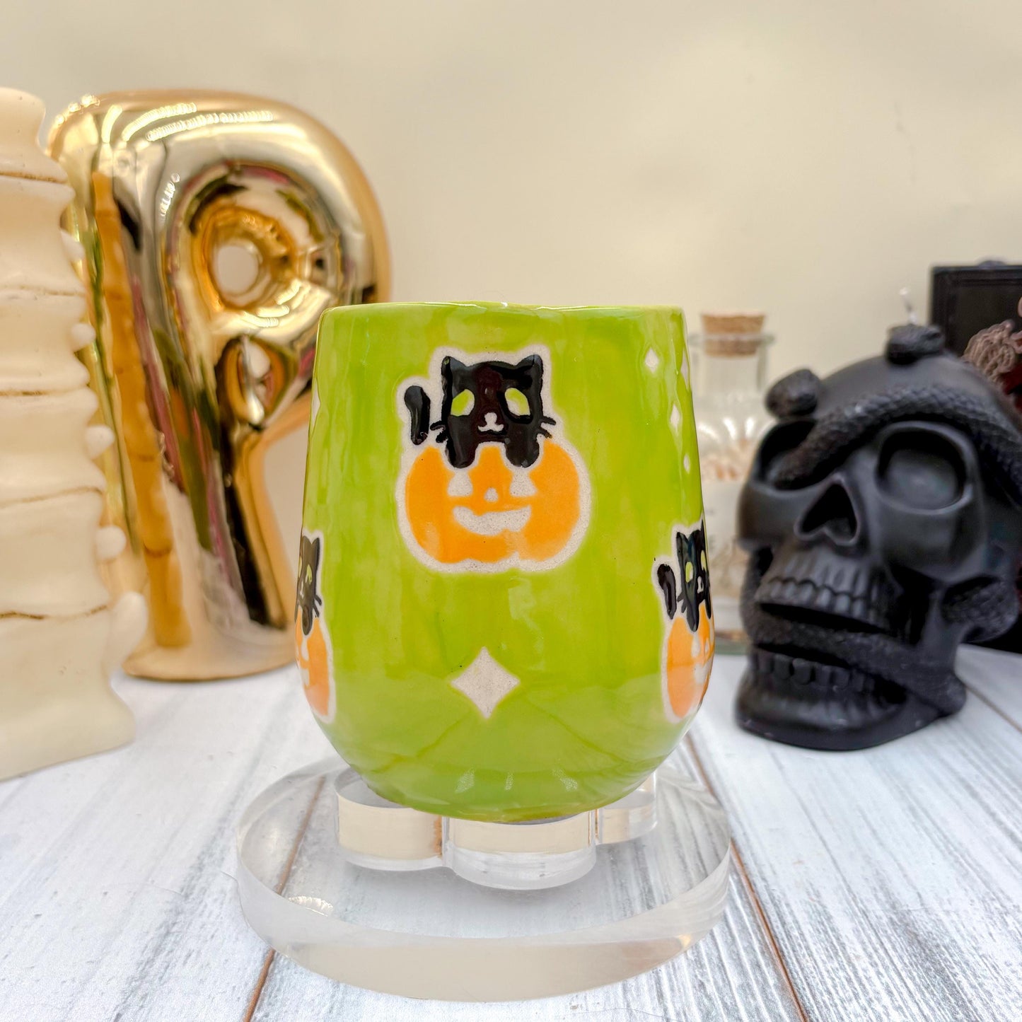 Green Kitty Pumkin Ceramic Mug, Autumn Gift For Her, Retro Fall Mug, Halloween Gift, Spooky Mug Handmade, Cute Autumn Mugs, Cat Mug, Pumpkin