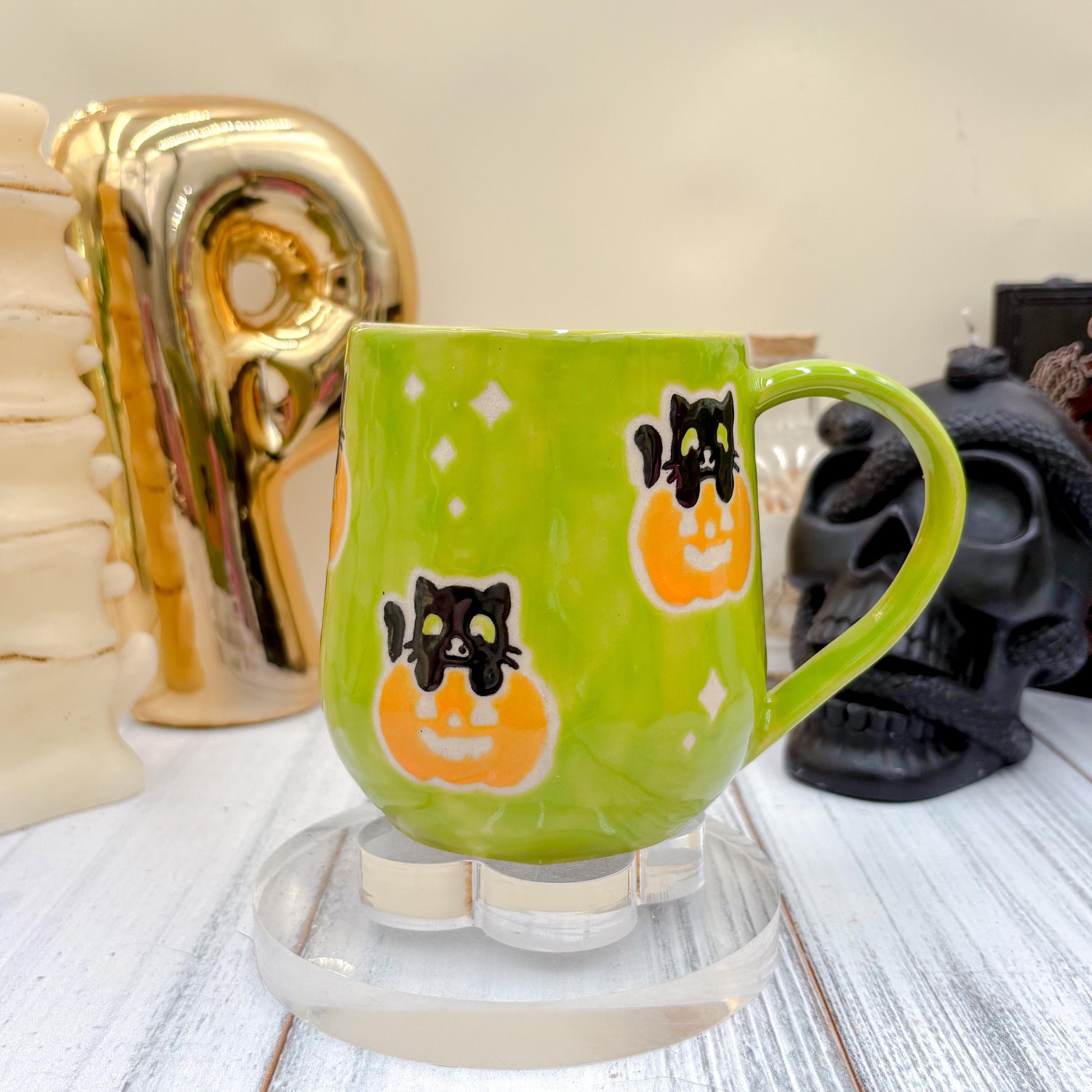 Green Kitty Pumkin Ceramic Mug, Autumn Gift For Her, Retro Fall Mug, Halloween Gift, Spooky Mug Handmade, Cute Autumn Mugs, Cat Mug, Pumpkin