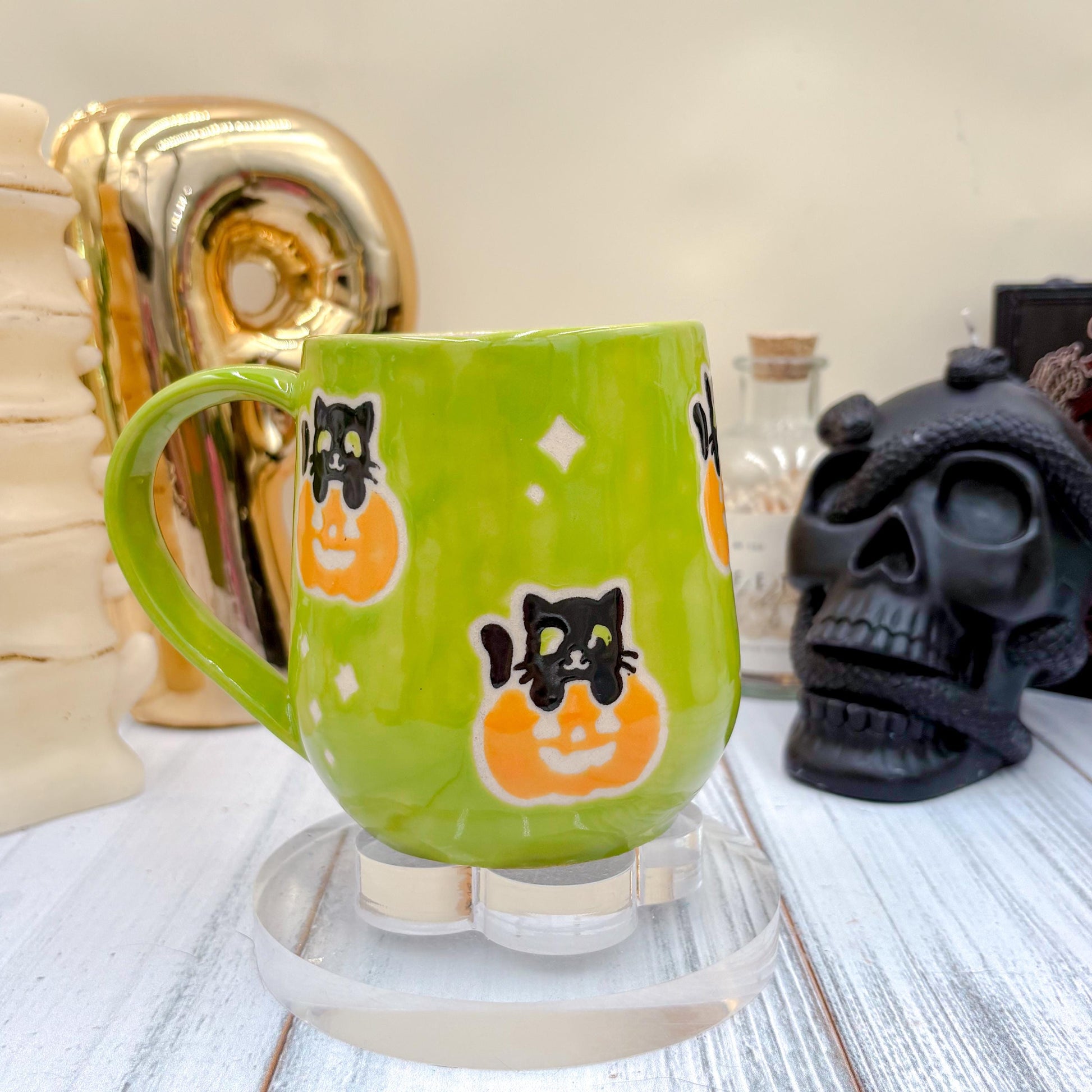 Green Kitty Pumkin Ceramic Mug, Autumn Gift For Her, Retro Fall Mug, Halloween Gift, Spooky Mug Handmade, Cute Autumn Mugs, Cat Mug, Pumpkin