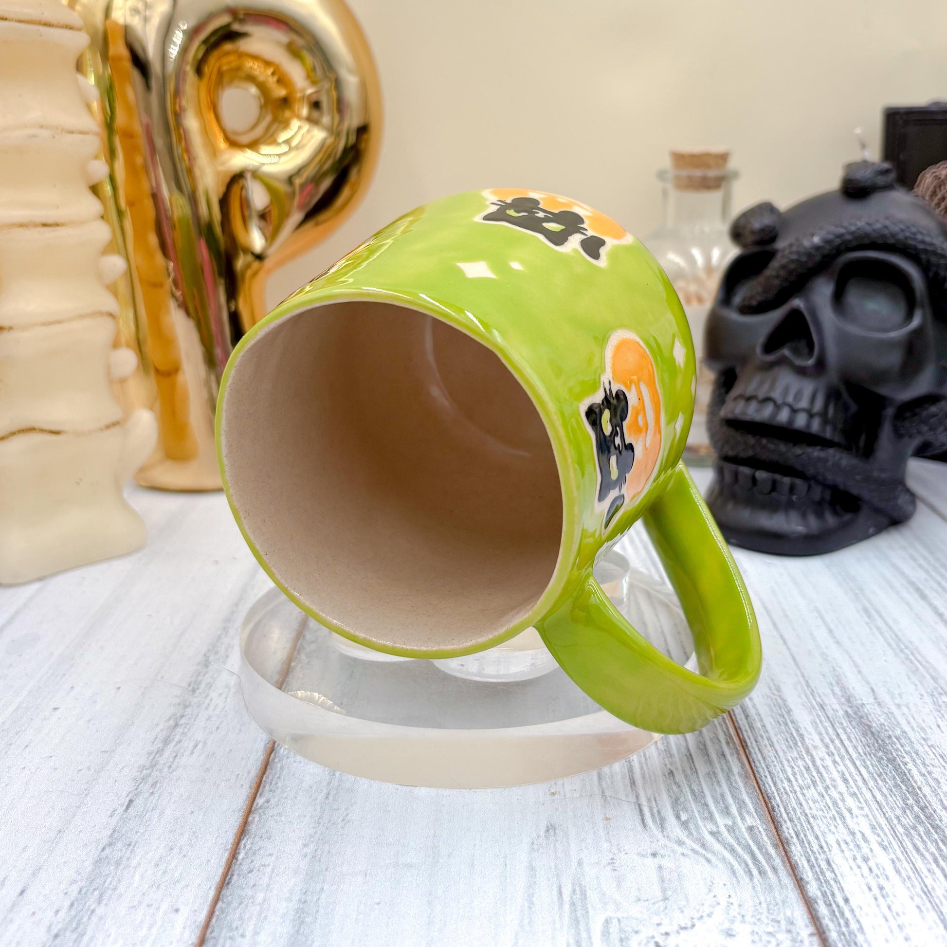 Green Kitty Pumkin Ceramic Mug, Autumn Gift For Her, Retro Fall Mug, Halloween Gift, Spooky Mug Handmade, Cute Autumn Mugs, Cat Mug, Pumpkin