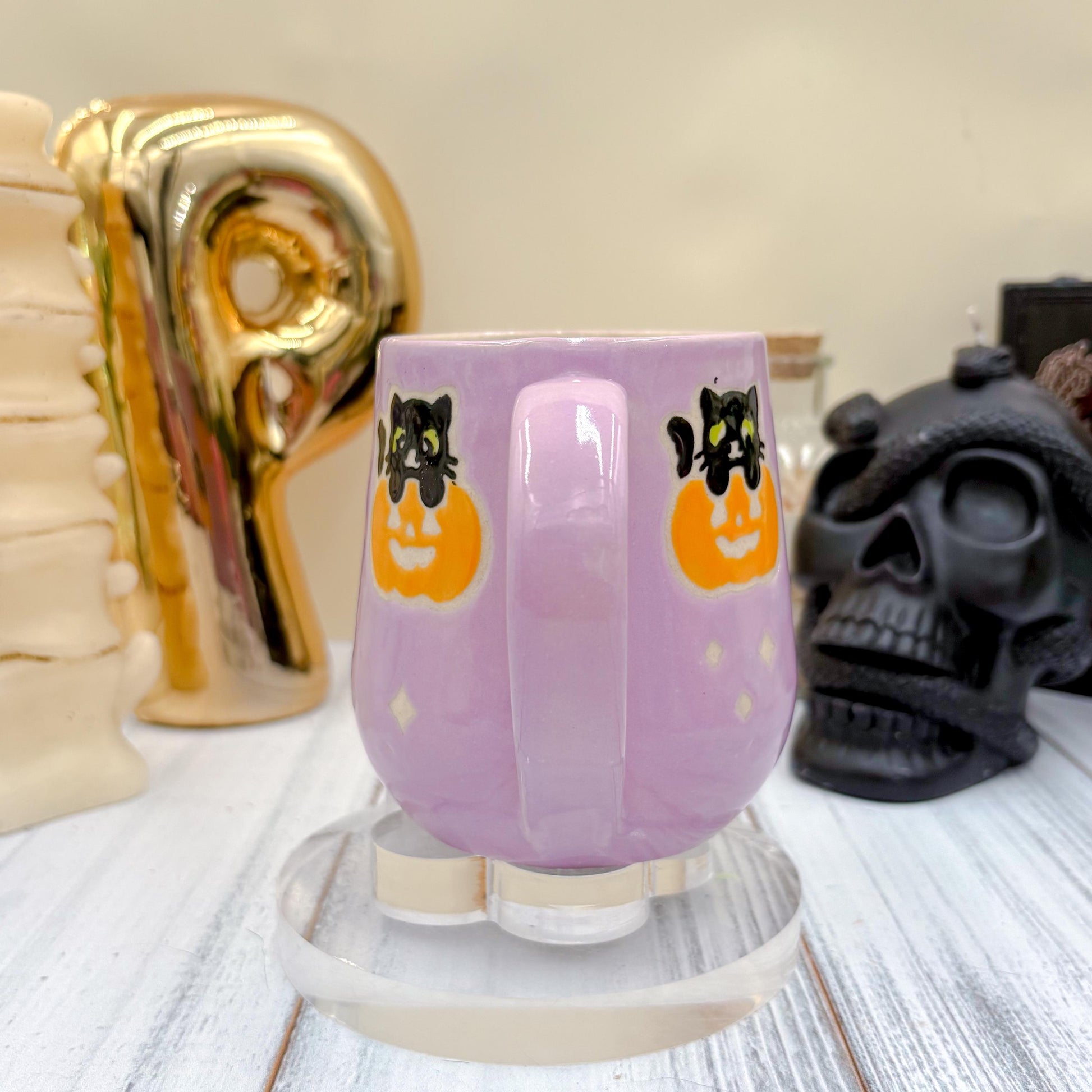 Purple Kitty Pumkin Ceramic Mug, Autumn Gift, Retro Fall Mug, Halloween Gift, Spooky Mug Handmade, Cute Autumn Mugs, Cat Mug, Pumpkin Mug