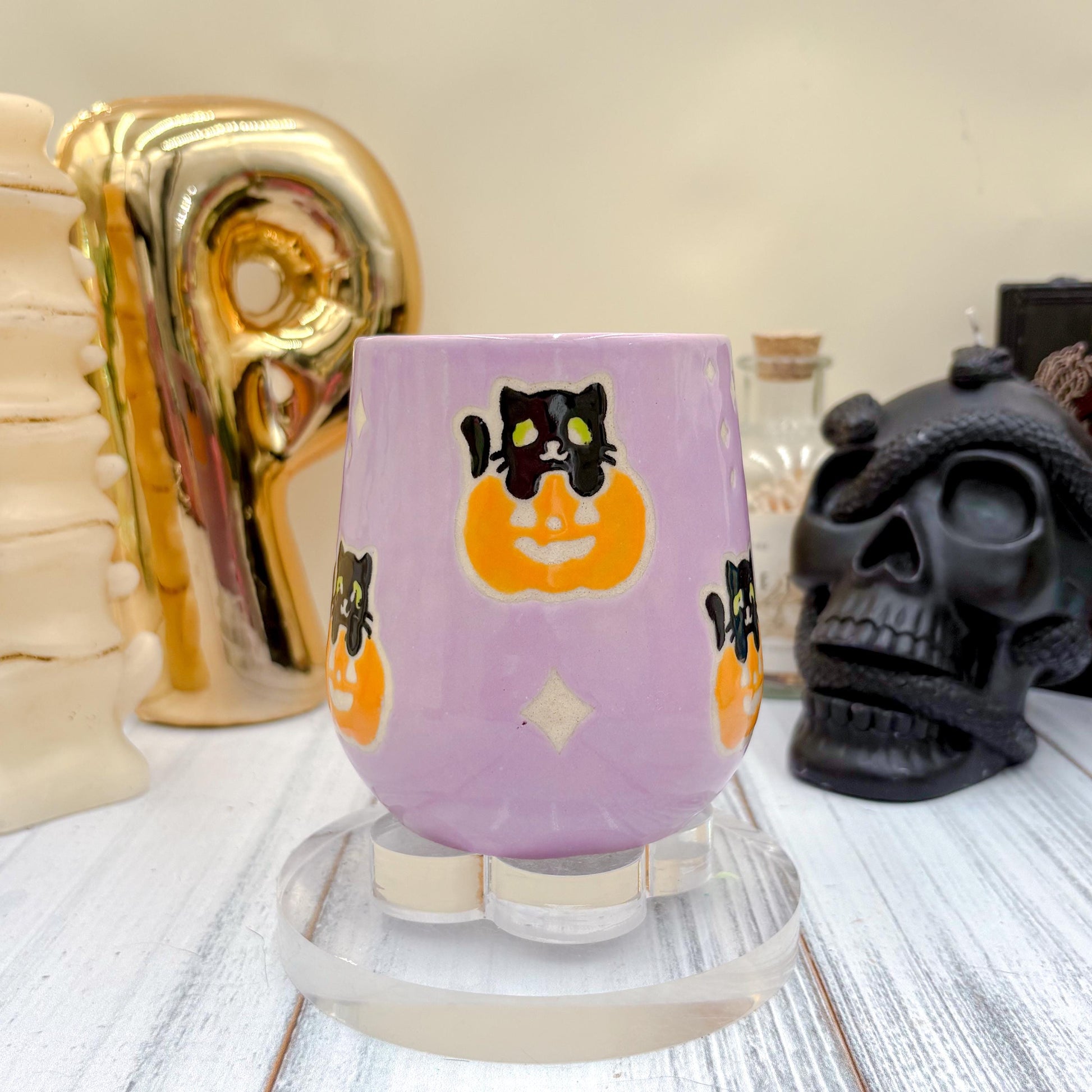Purple Kitty Pumkin Ceramic Mug, Autumn Gift, Retro Fall Mug, Halloween Gift, Spooky Mug Handmade, Cute Autumn Mugs, Cat Mug, Pumpkin Mug