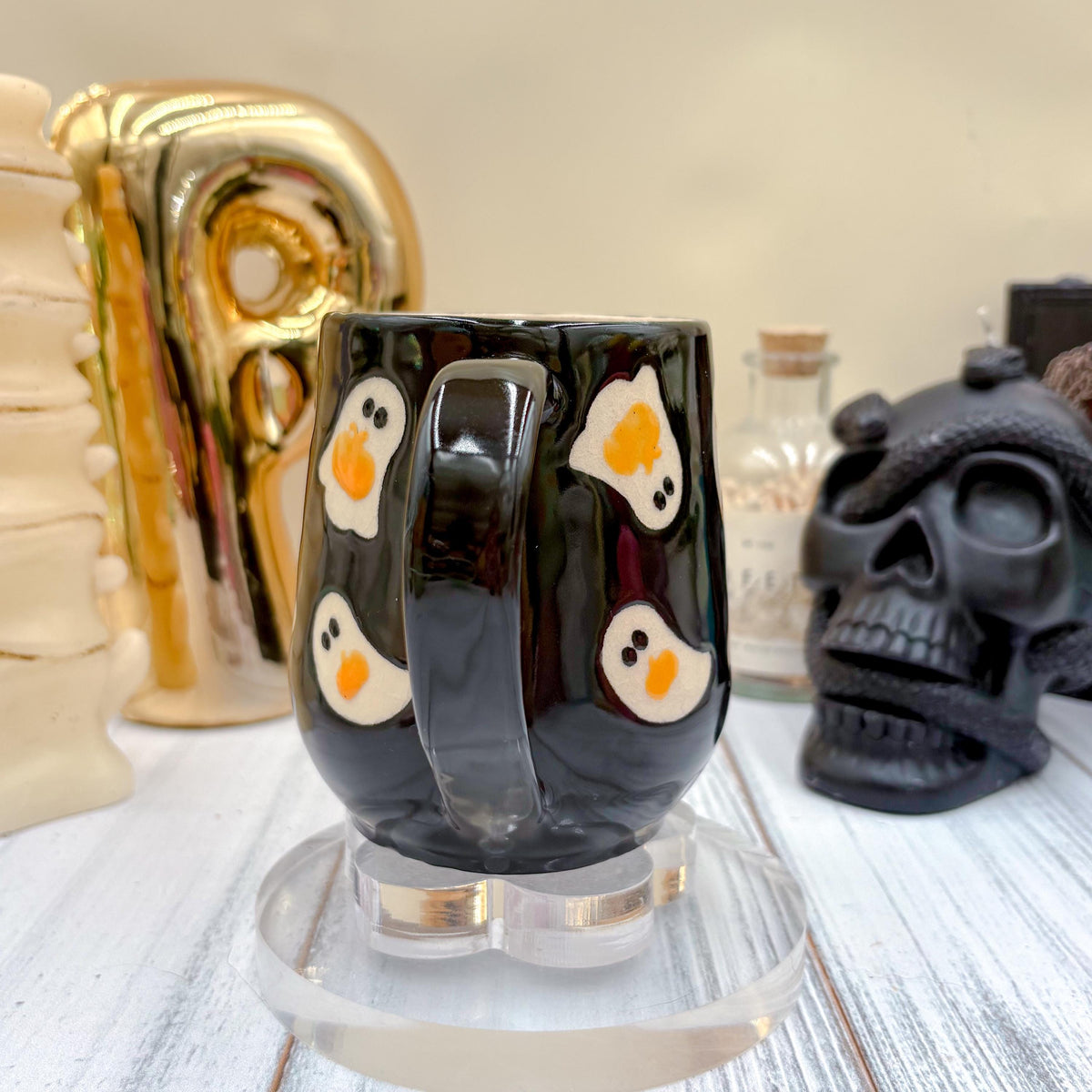 Black Ghost Pumkin Ceramic Mug, Autumn Gift For Her, Retro Fall Mug, Halloween Gift, Spooky Mug Handmade, Cute Autumn Mugs, Ghost Mug