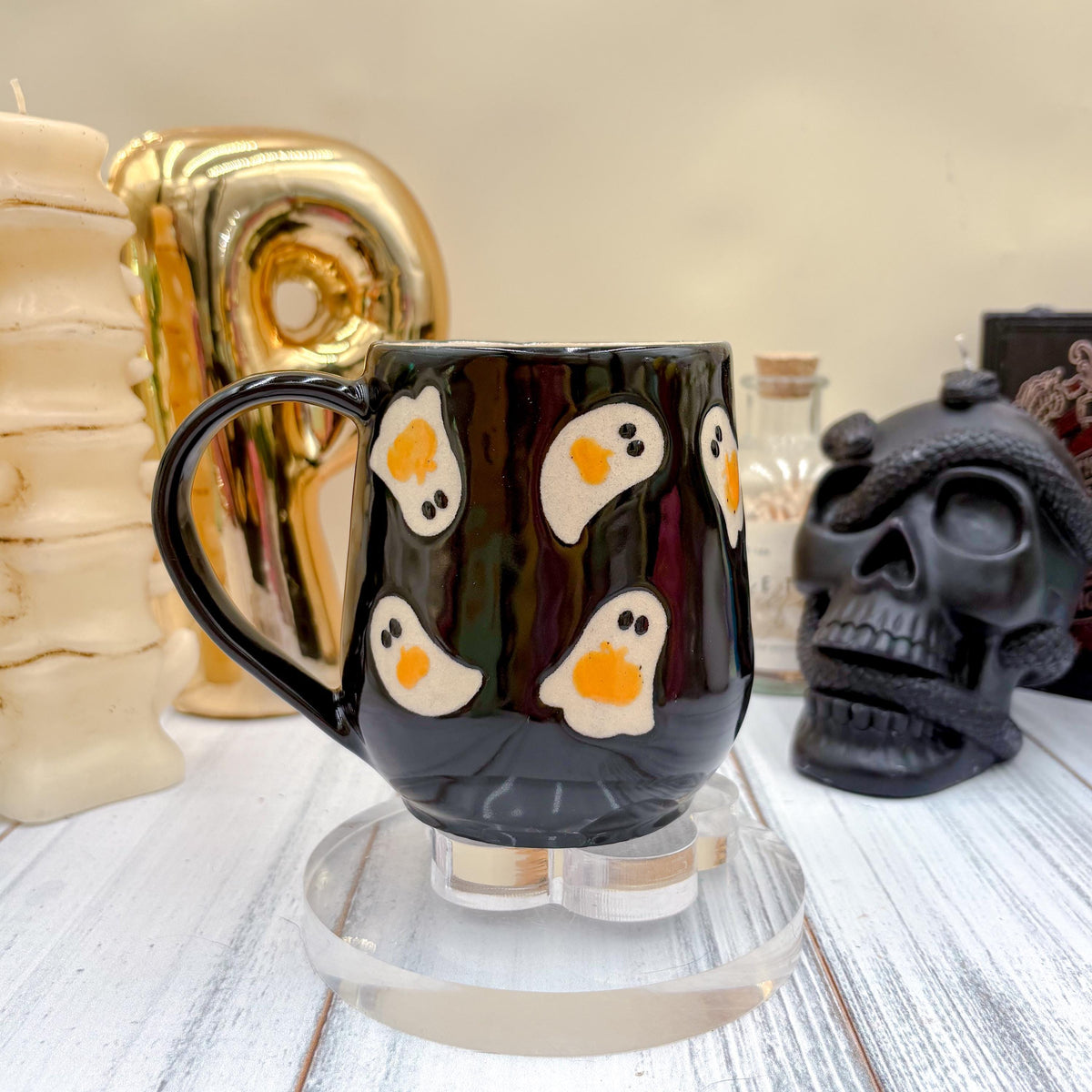 Black Ghost Pumkin Ceramic Mug, Autumn Gift For Her, Retro Fall Mug, Halloween Gift, Spooky Mug Handmade, Cute Autumn Mugs, Ghost Mug