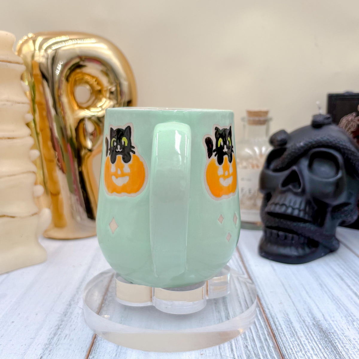 Aqua Ghost Pumkin Ceramic Mug, Autumn Gift For Her, Retro Fall Mug, Halloween Gift, Spooky Mug Handmade, Cute Autumn Mugs, Ghost Mug