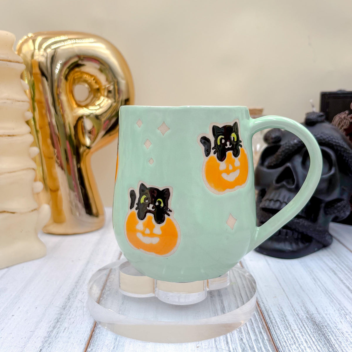 Aqua Ghost Pumkin Ceramic Mug, Autumn Gift For Her, Retro Fall Mug, Halloween Gift, Spooky Mug Handmade, Cute Autumn Mugs, Ghost Mug