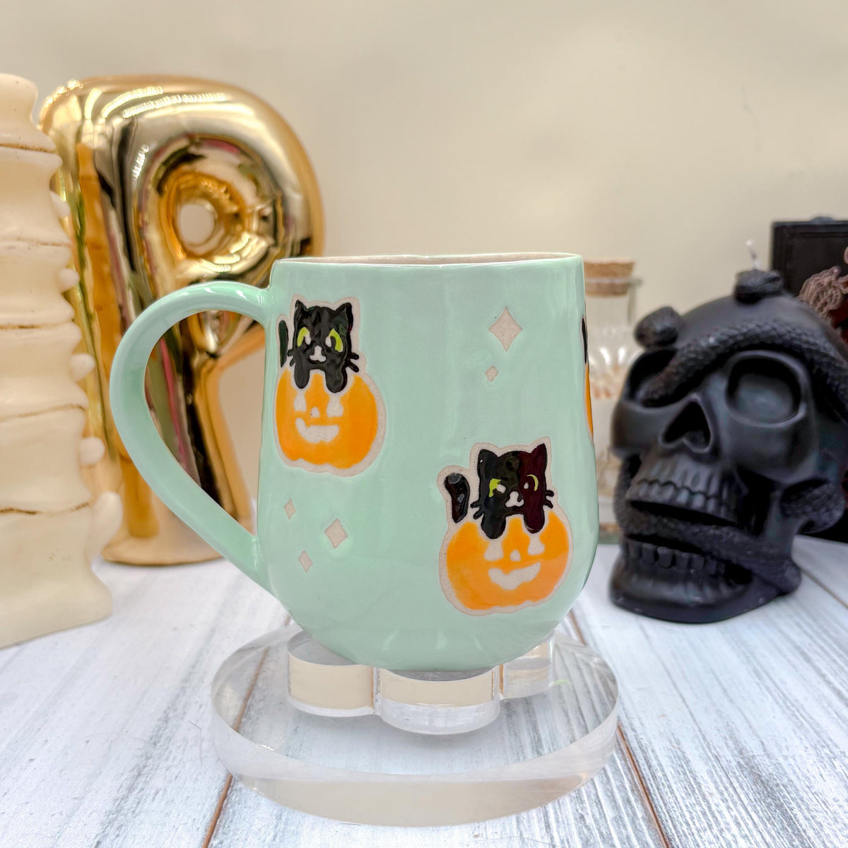 Aqua Ghost Pumkin Ceramic Mug, Autumn Gift For Her, Retro Fall Mug, Halloween Gift, Spooky Mug Handmade, Cute Autumn Mugs, Ghost Mug