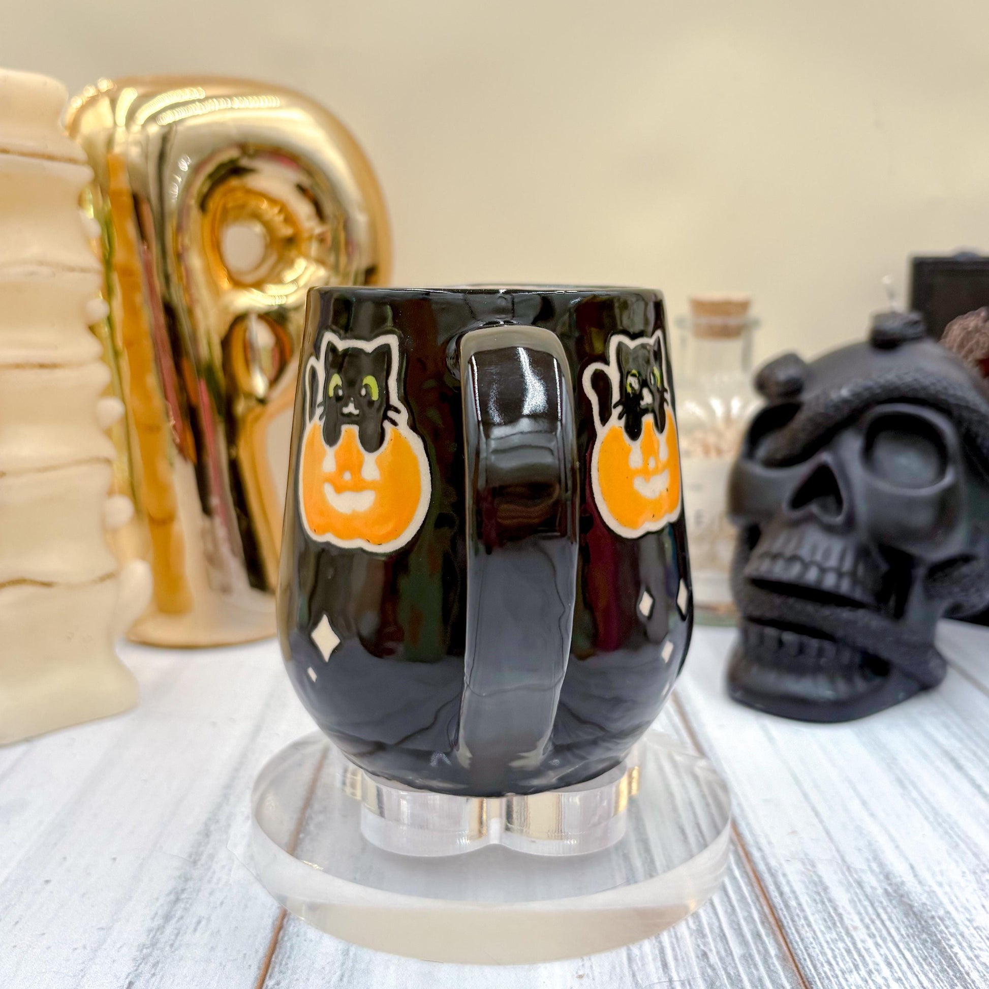 Black Kitty Pumkin Ceramic Mug, Autumn Gift, Retro Fall Mug, Halloween Gift, Spooky Mug Handmade, Cute Autumn Mugs, Cat Mug, Pumpkin Mug