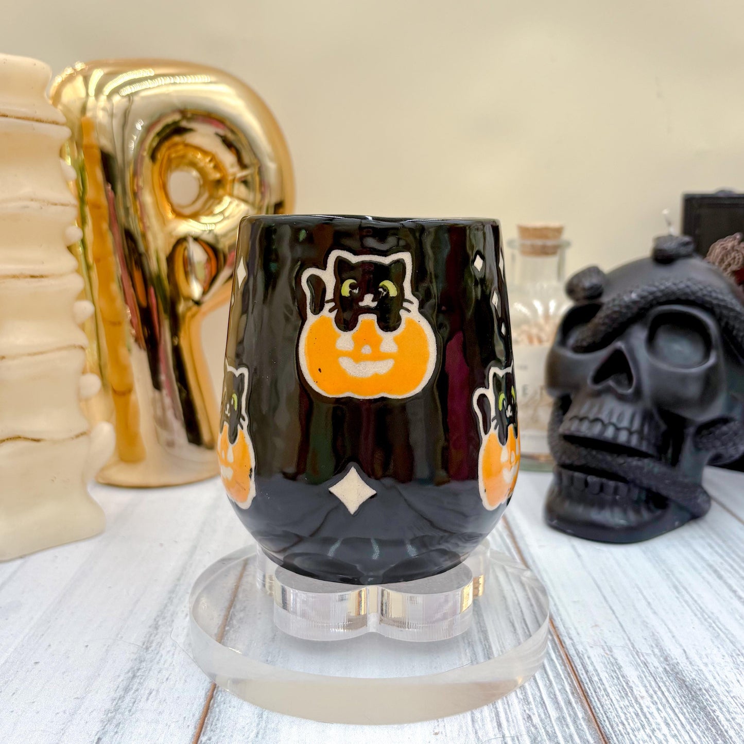 Black Kitty Pumkin Ceramic Mug, Autumn Gift, Retro Fall Mug, Halloween Gift, Spooky Mug Handmade, Cute Autumn Mugs, Cat Mug, Pumpkin Mug