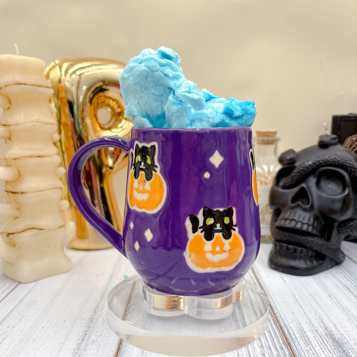 Dark Purple Kitty Pumkin Ceramic Mug, Autumn Gift, Retro Fall Mug, Halloween Gift, Spooky Mug Handmade, Cute Autumn Mugs, Cat Mug, Pumpkin