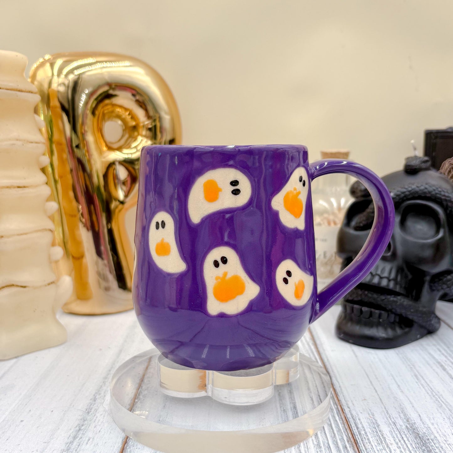 Dark Purple Ghost Pumkin Ceramic Mug, Autumn Gift For Her, Retro Fall Mug, Halloween Gift, Spooky Mug Handmade, Cute Autumn Mugs, Ghost Mug