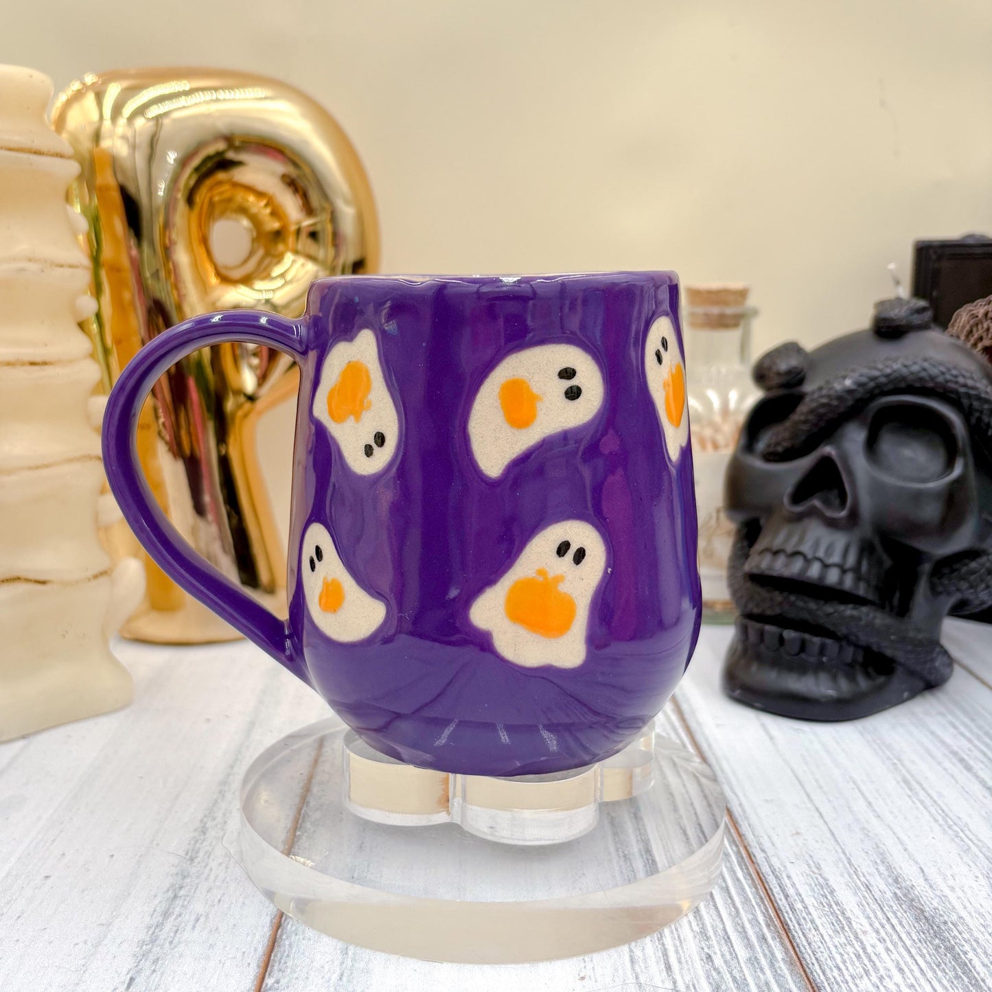 Dark Purple Ghost Pumkin Ceramic Mug, Autumn Gift For Her, Retro Fall Mug, Halloween Gift, Spooky Mug Handmade, Cute Autumn Mugs, Ghost Mug