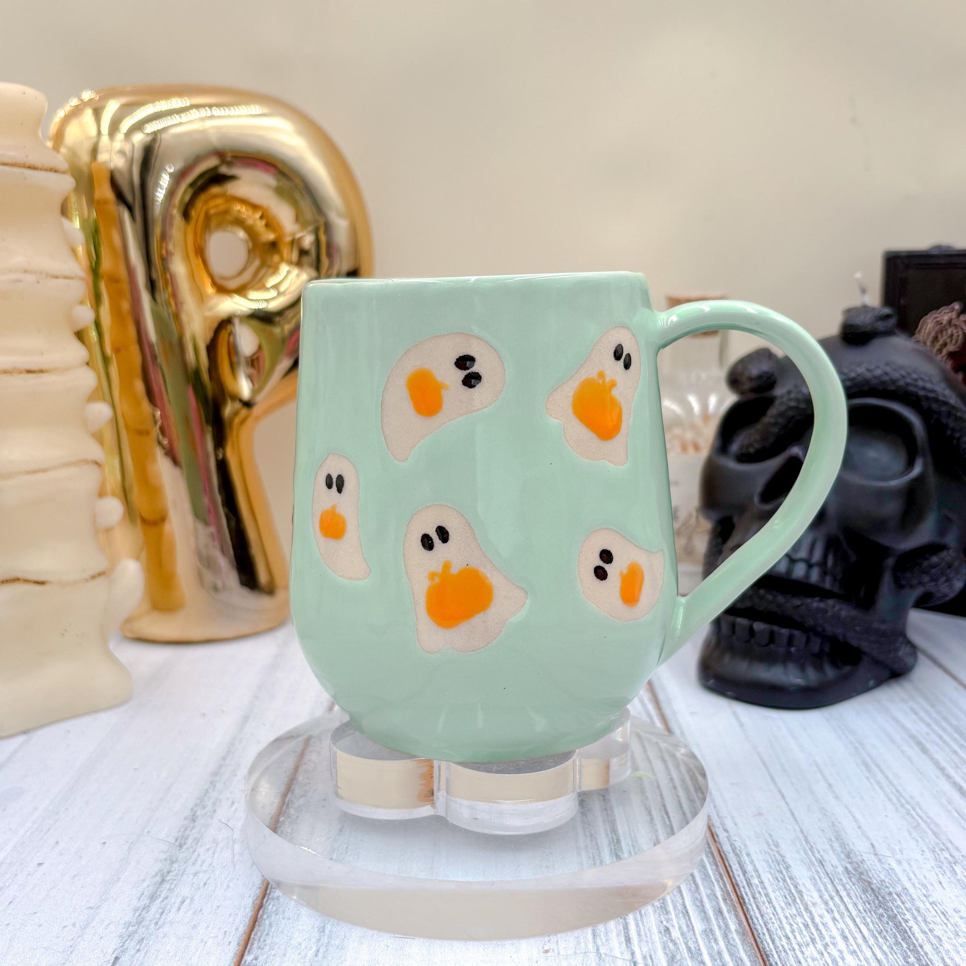 Aqua Ghost Pumkin Ceramic Mug, Autumn Gift For Her, Retro Fall Mug, Halloween Gift, Spooky Mug Handmade, Cute Autumn Mugs, Ghost Mug