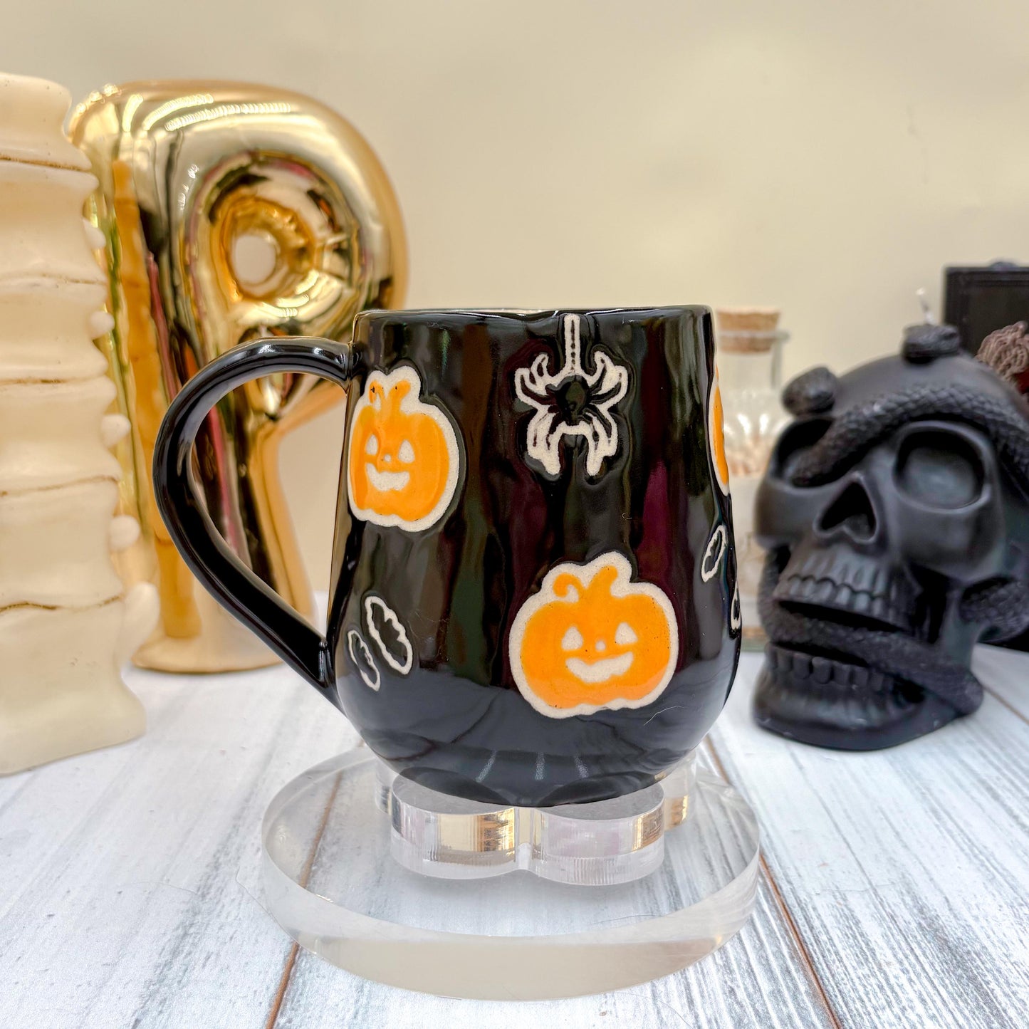 Black Pumkin Ceramic Mug, Autumn Gift For Her, Retro Fall Mug, Halloween Gift, Spooky Mug Handmade, Cute Autumn Mugs, Pumpkin Ceramic Mug