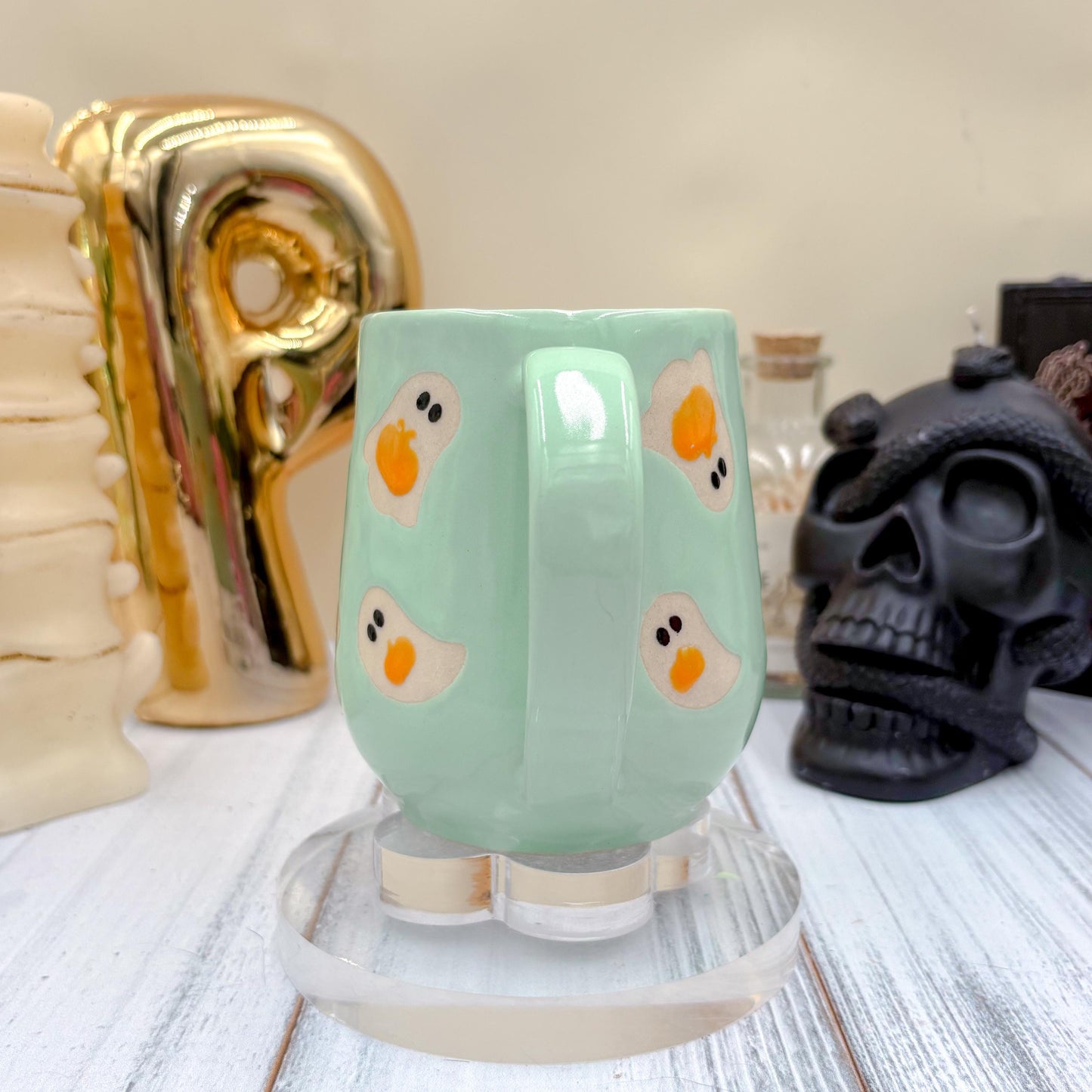 Aqua Ghost Pumkin Ceramic Mug, Autumn Gift For Her, Retro Fall Mug, Halloween Gift, Spooky Mug Handmade, Cute Autumn Mugs, Ghost Mug