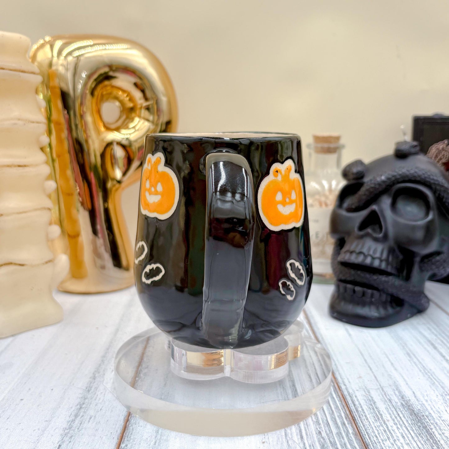 Black Pumkin Ceramic Mug, Autumn Gift For Her, Retro Fall Mug, Halloween Gift, Spooky Mug Handmade, Cute Autumn Mugs, Pumpkin Ceramic Mug