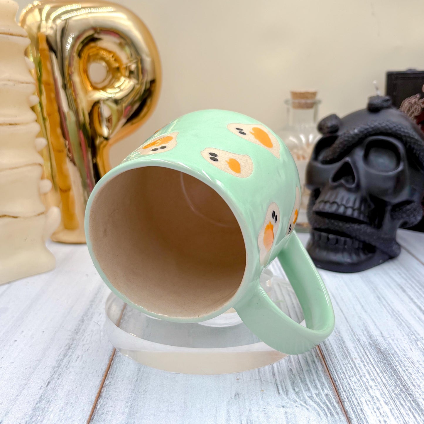 Aqua Ghost Pumkin Ceramic Mug, Autumn Gift For Her, Retro Fall Mug, Halloween Gift, Spooky Mug Handmade, Cute Autumn Mugs, Ghost Mug