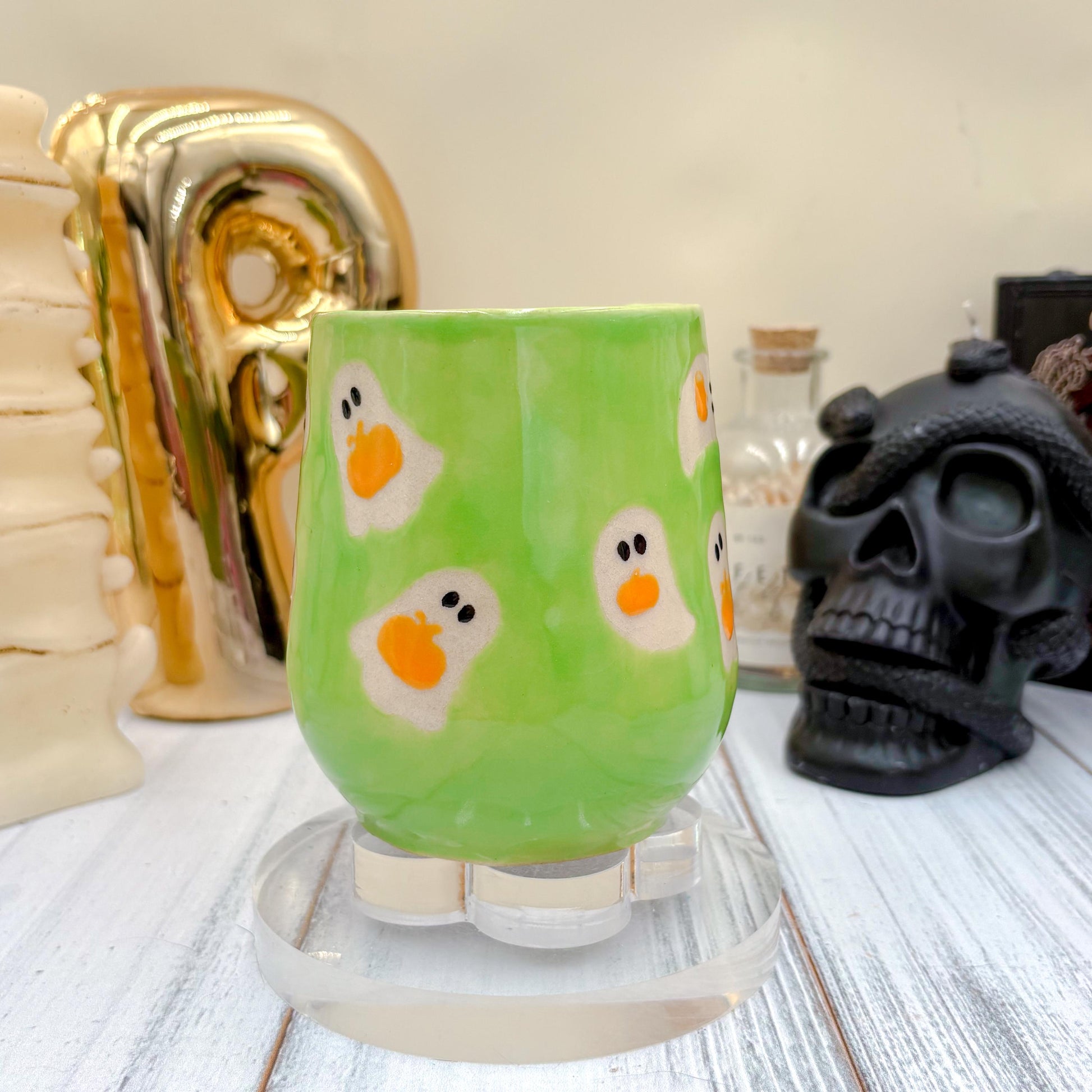 Green Ghost Pumkin Ceramic Mug, Autumn Gift For Her, Retro Fall Mug, Halloween Gift, Spooky Mug Handmade, Cute Autumn Mugs, Ghost Mug