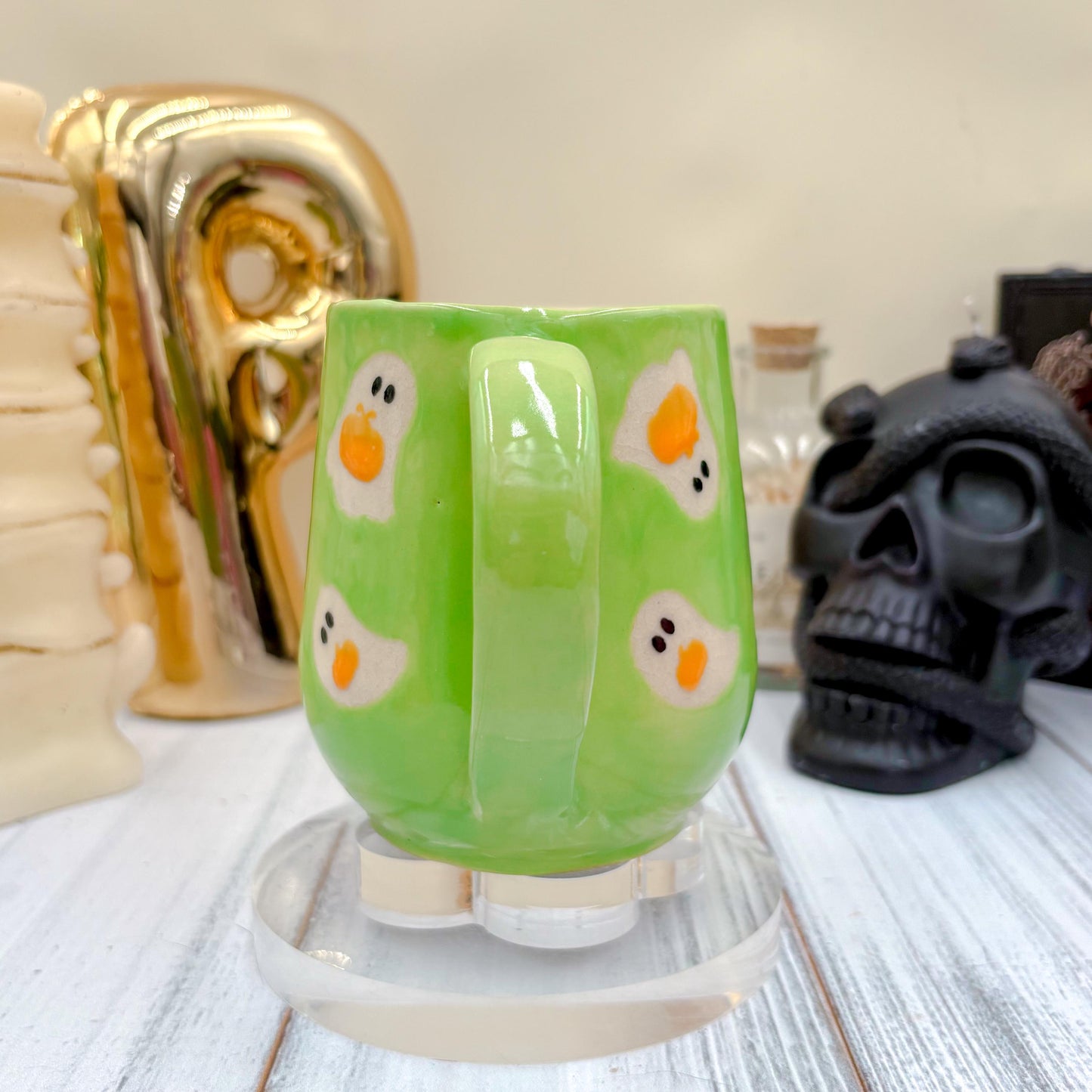 Green Ghost Pumkin Ceramic Mug, Autumn Gift For Her, Retro Fall Mug, Halloween Gift, Spooky Mug Handmade, Cute Autumn Mugs, Ghost Mug
