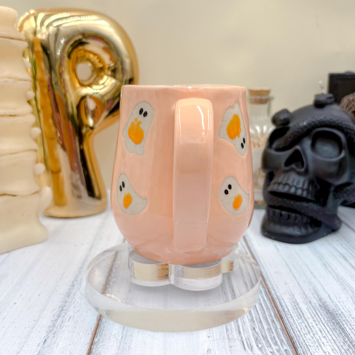 Peach Ghost Pumkin Ceramic Mug, Autumn Gift For Her, Retro Fall Mug, Halloween Gift, Spooky Mug Handmade, Cute Autumn Mugs, Ghost Mug