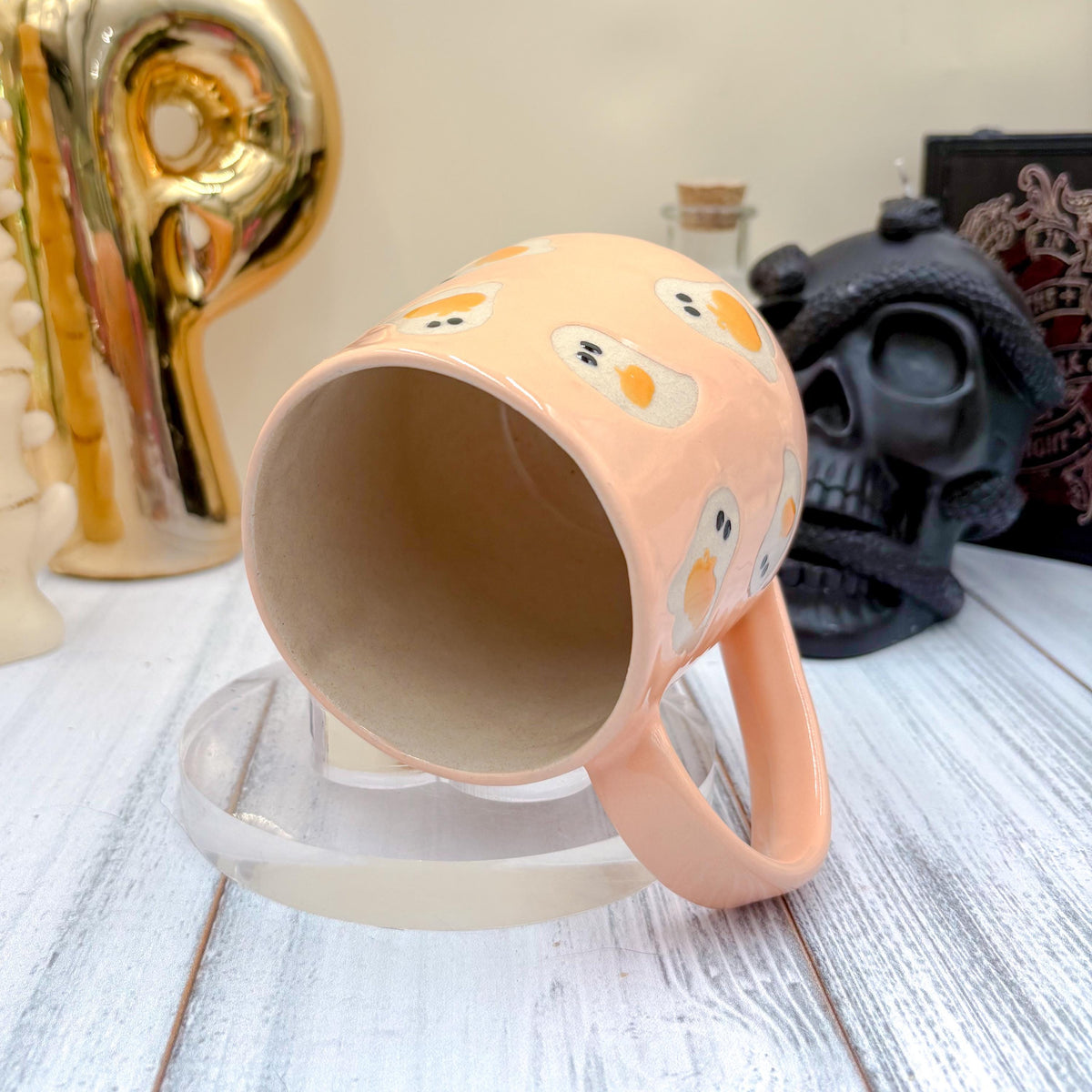 Peach Ghost Pumkin Ceramic Mug, Autumn Gift For Her, Retro Fall Mug, Halloween Gift, Spooky Mug Handmade, Cute Autumn Mugs, Ghost Mug