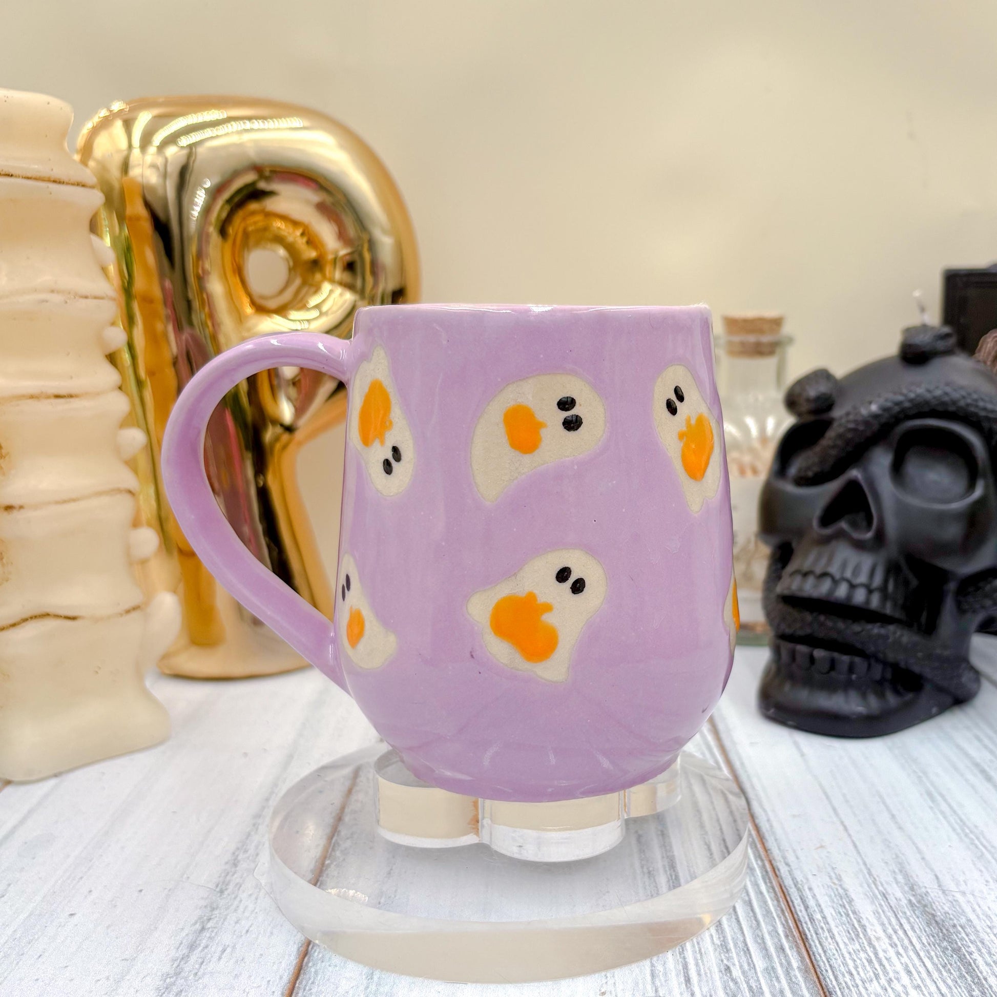 Purple Ghost Pumkin Ceramic Mug, Autumn Gift For Her, Retro Fall Mug, Halloween Gift, Spooky Mug Handmade, Cute Autumn Mugs, Ghost Mug