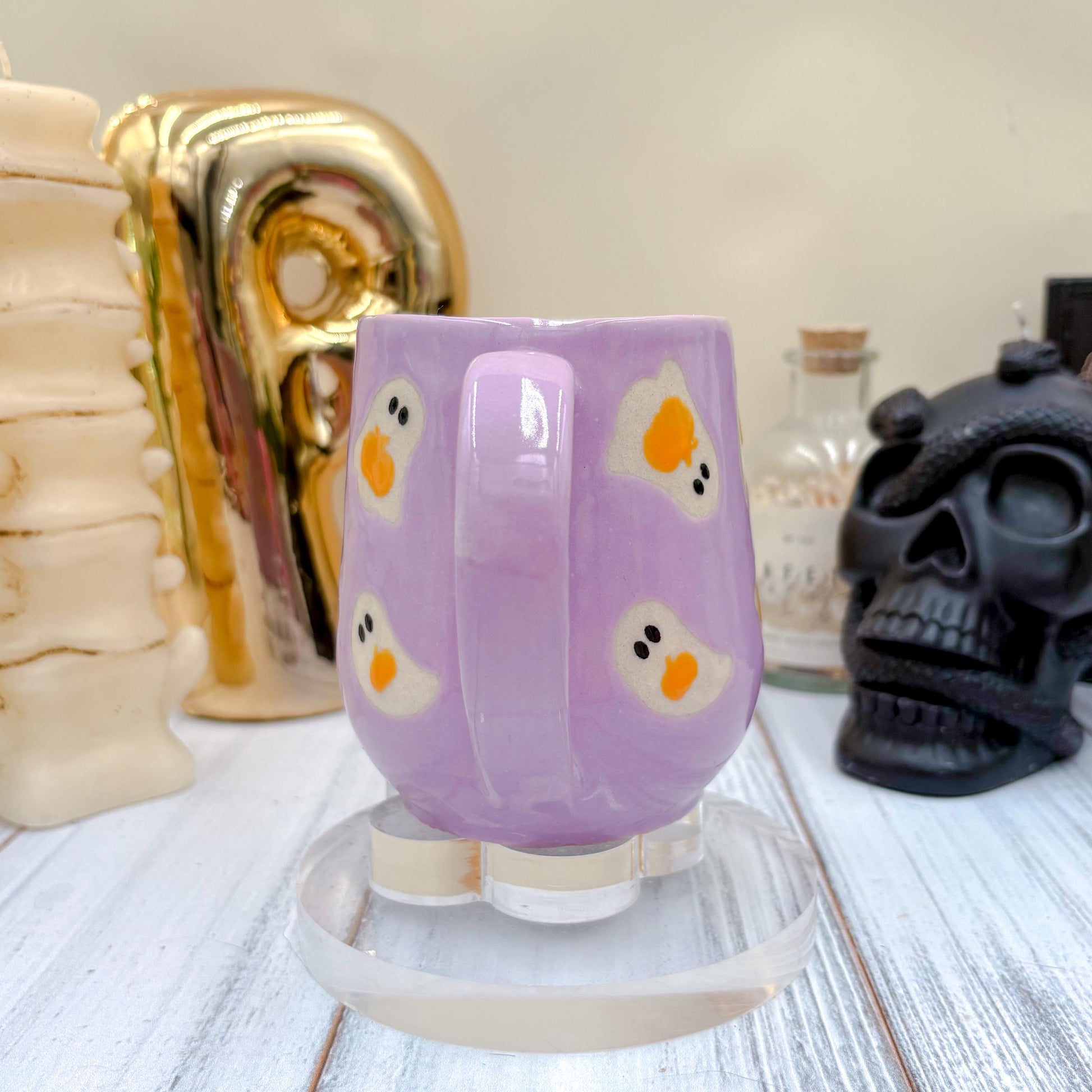 Purple Ghost Pumkin Ceramic Mug, Autumn Gift For Her, Retro Fall Mug, Halloween Gift, Spooky Mug Handmade, Cute Autumn Mugs, Ghost Mug