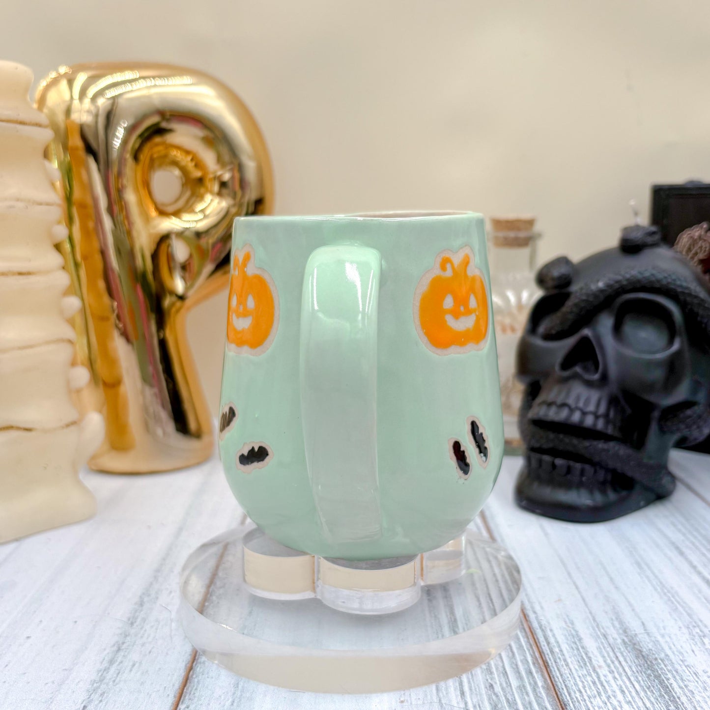 Aqua Pumkin Ceramic Mug, Autumn Gift For Her, Retro Fall Mug, Halloween Gift, Spooky Mug Handmade, Cute Autumn Mugs, Pumpkin Ceramic Mug