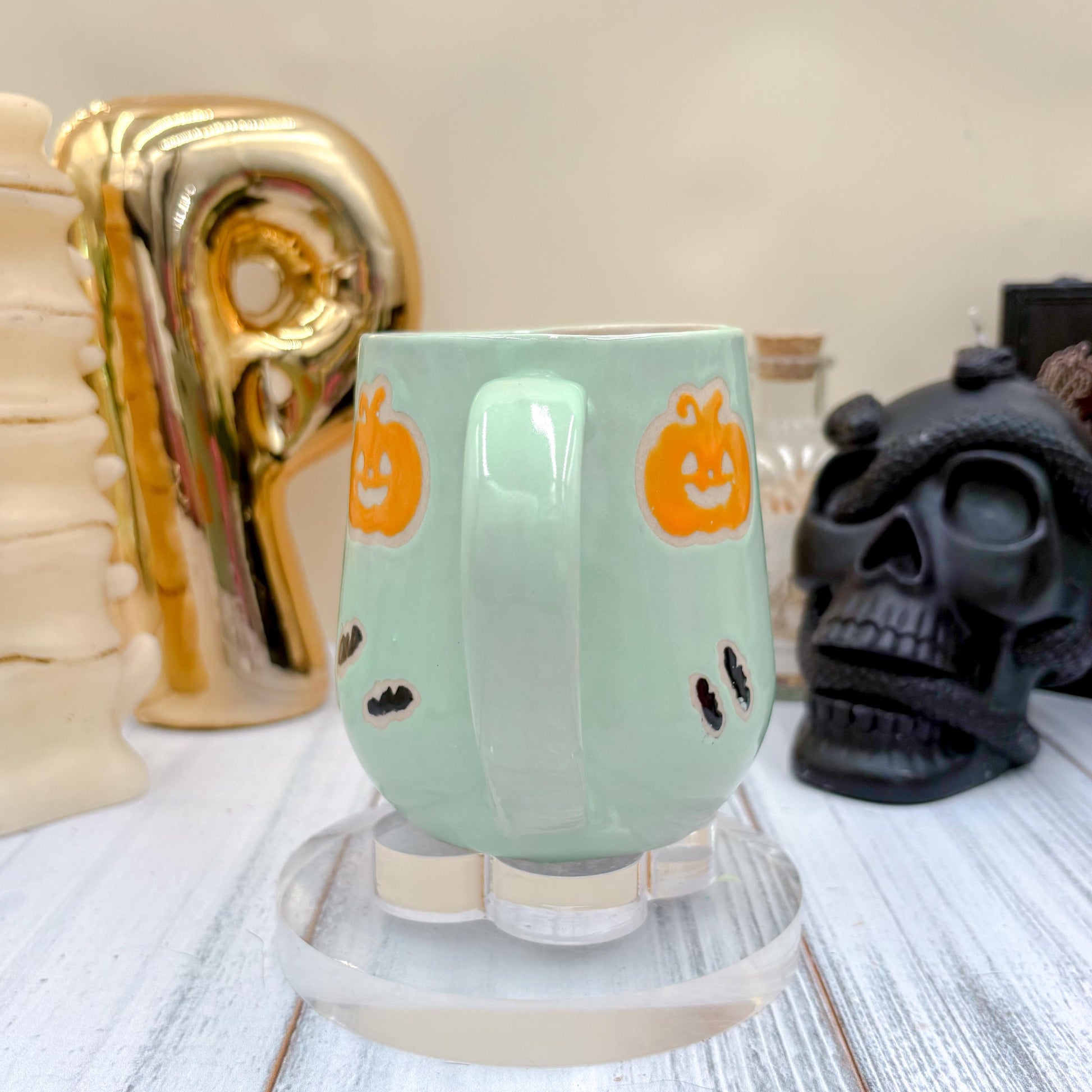 Aqua Pumkin Ceramic Mug, Autumn Gift For Her, Retro Fall Mug, Halloween Gift, Spooky Mug Handmade, Cute Autumn Mugs, Pumpkin Ceramic Mug