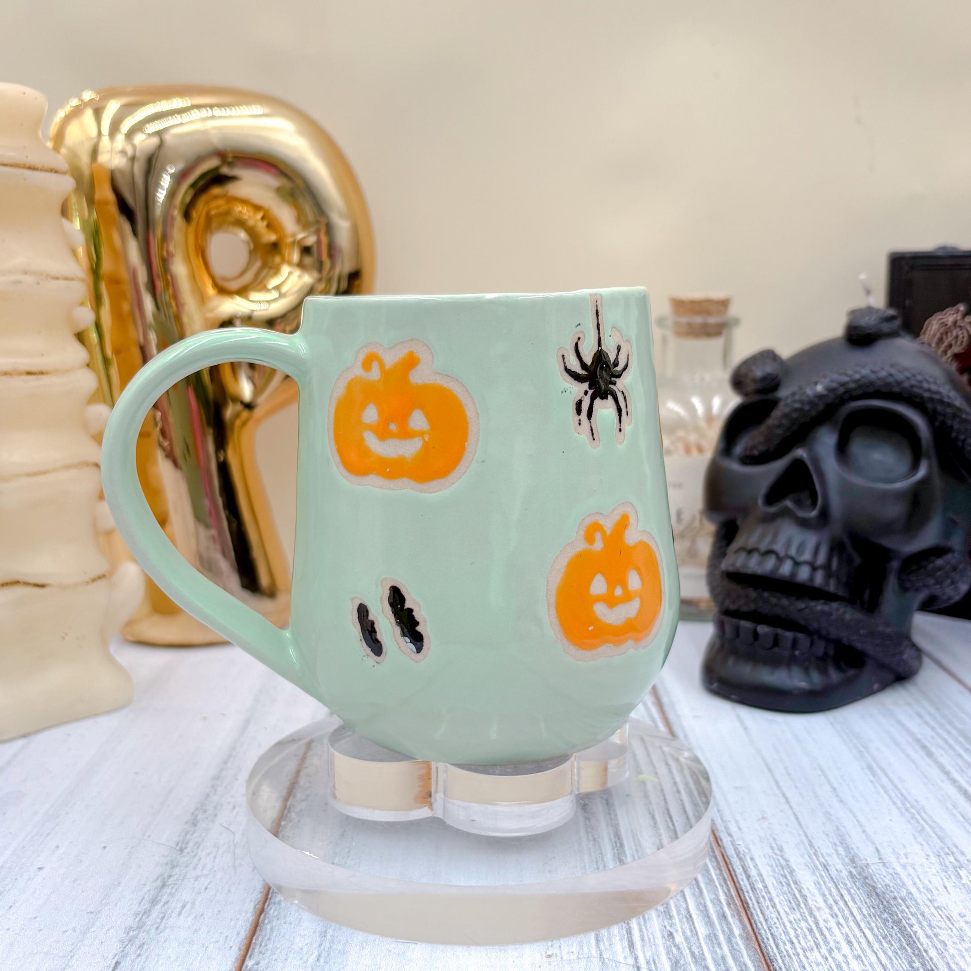 Aqua Pumkin Ceramic Mug, Autumn Gift For Her, Retro Fall Mug, Halloween Gift, Spooky Mug Handmade, Cute Autumn Mugs, Pumpkin Ceramic Mug